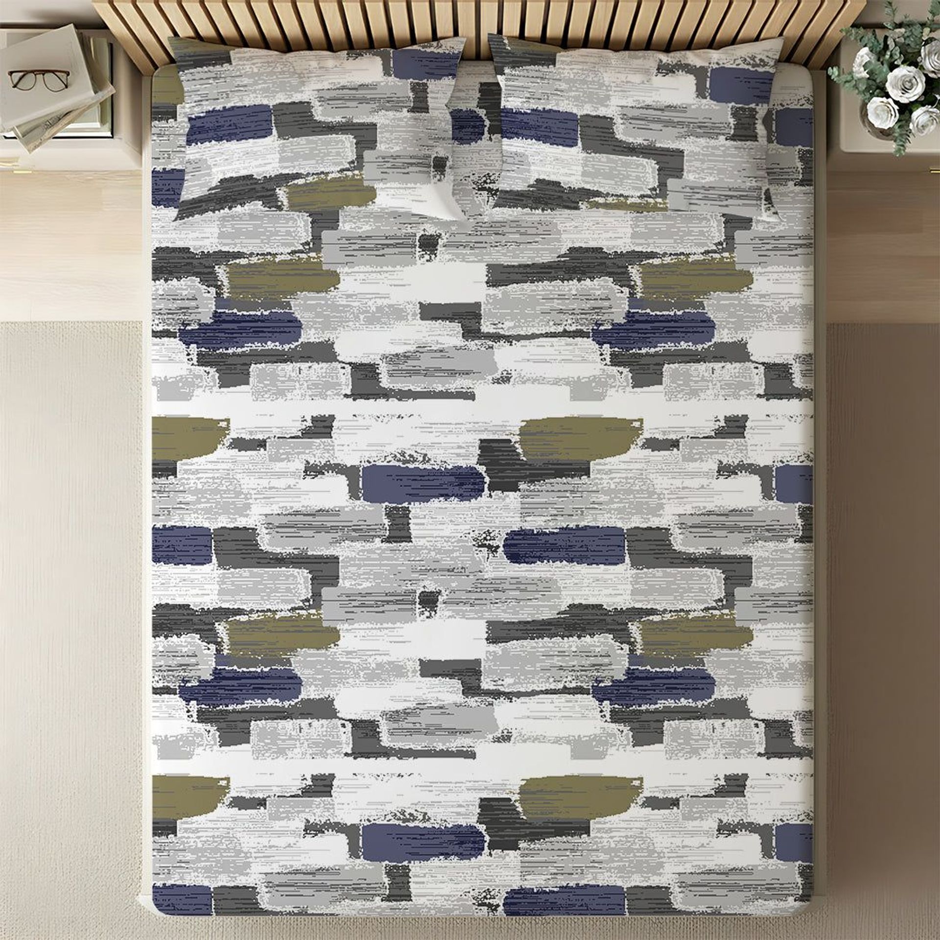 Geometric 120 GSM Microfibre Blue Olive King Fitted Sheet Set | Serene Nest