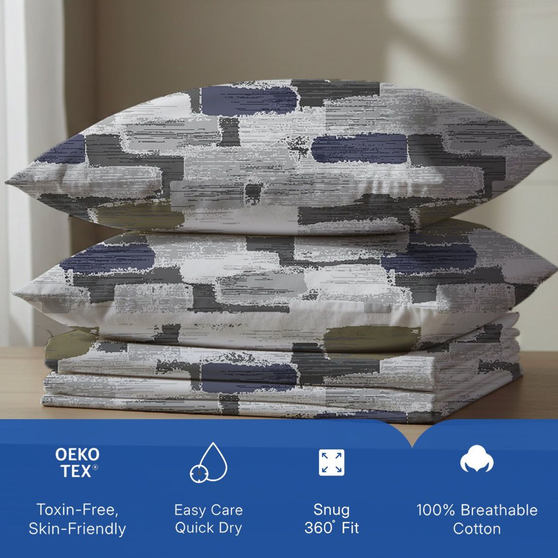 Geometric 120 GSM Microfibre Blue Olive King Fitted Sheet Set | Serene Nest