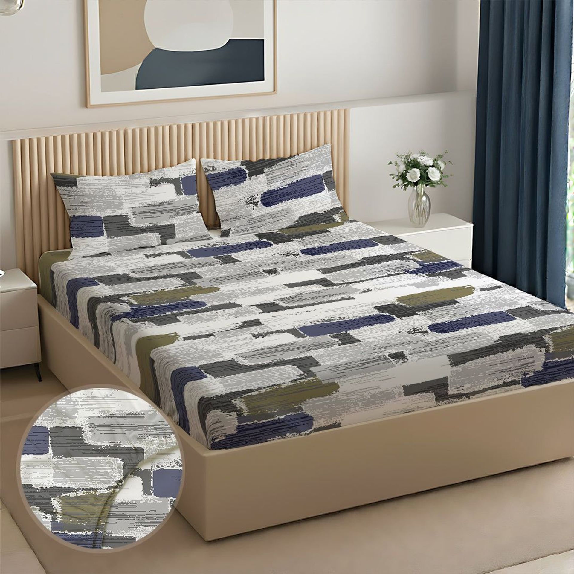 Geometric 120 GSM Microfibre Blue Olive Queen Fitted Sheet Set | Serene Nest