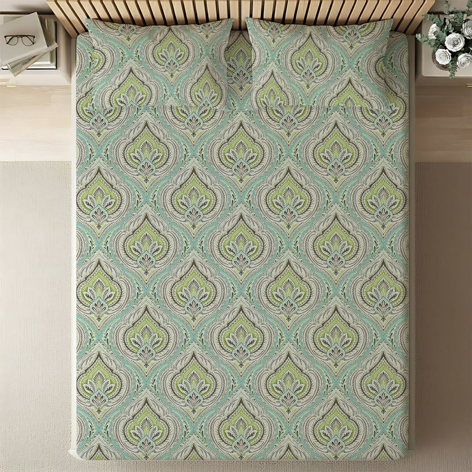 Indian Heritage 120 GSM Microfibre Muted Green King Fitted Sheet Set | Serene Nest