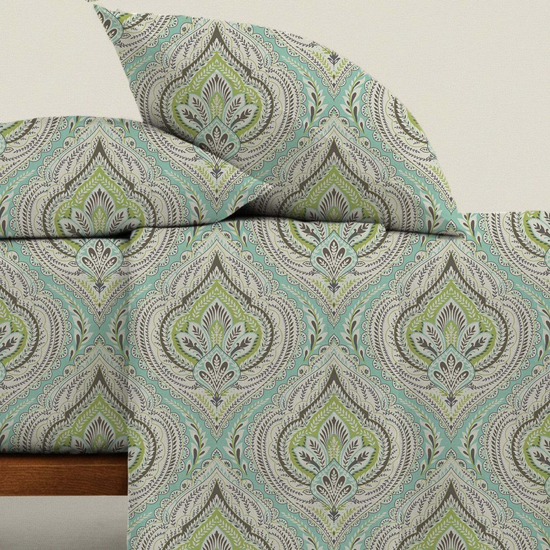Indian Heritage 120 GSM Microfibre Muted Green King Fitted Sheet Set | Serene Nest