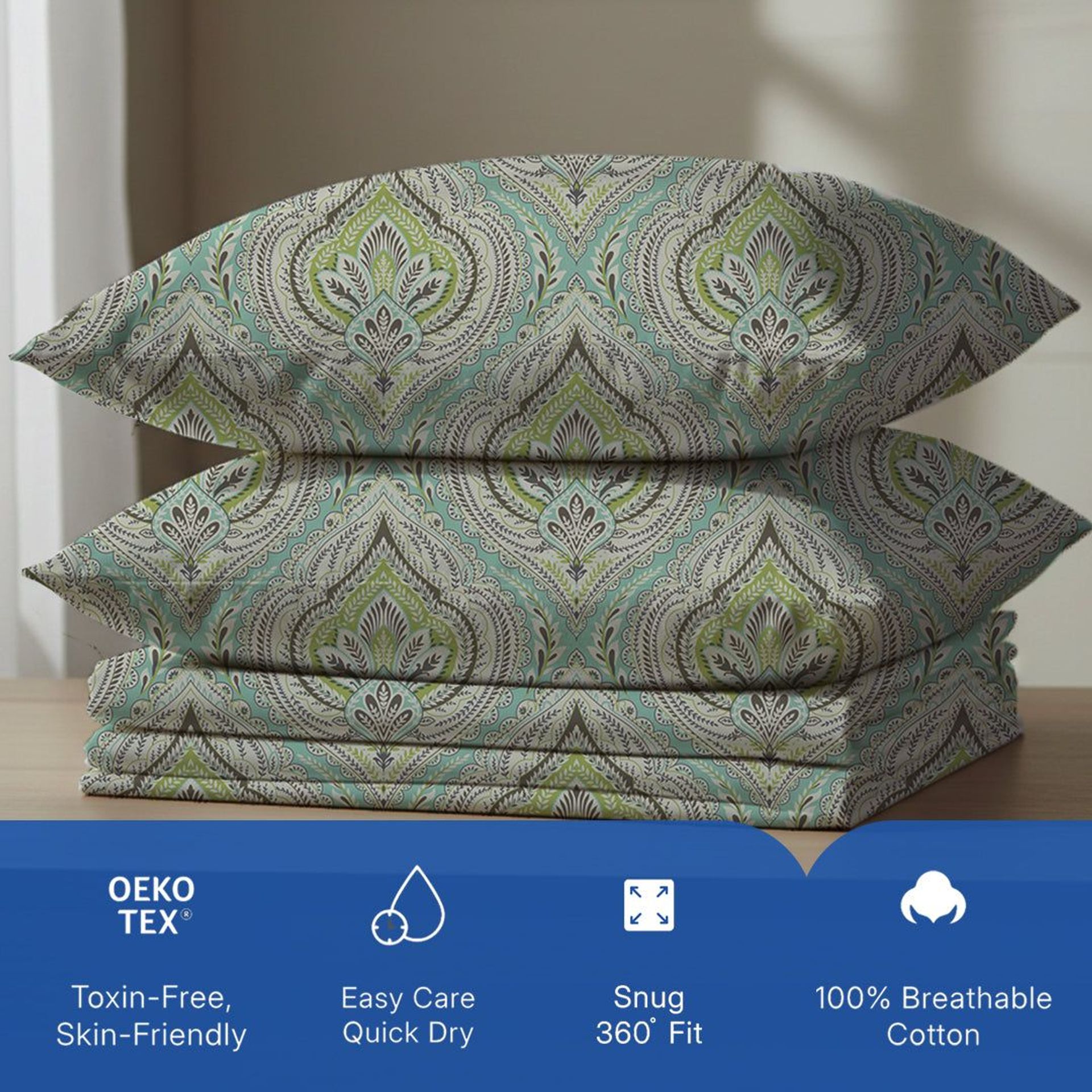 Indian Heritage 120 GSM Microfibre Muted Green King Fitted Sheet Set | Serene Nest