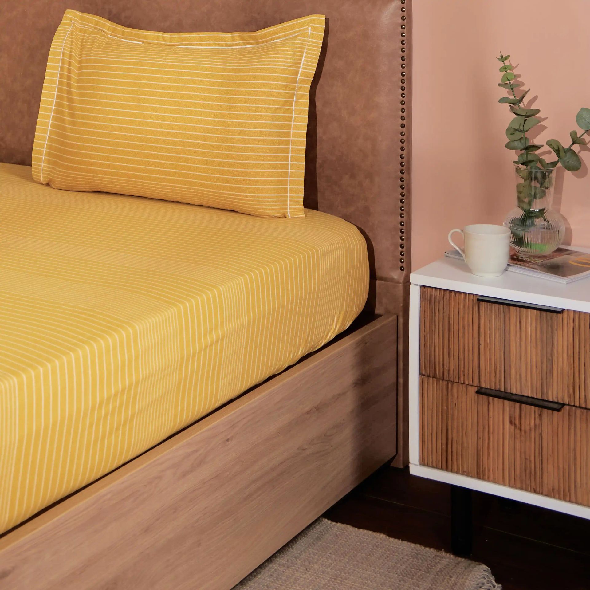 Geometric 200 TC Cotton Mustard Single Bedsheet Set | Threadscapes
