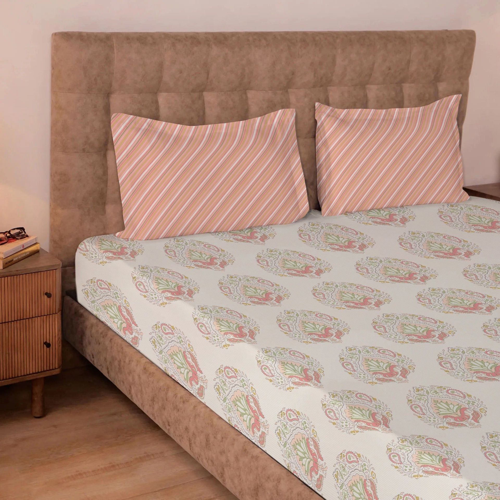 Indian Heritage 220 TC 100% Premium Cotton Soft Coral Super King Bedsheet Set | Udyan Tales