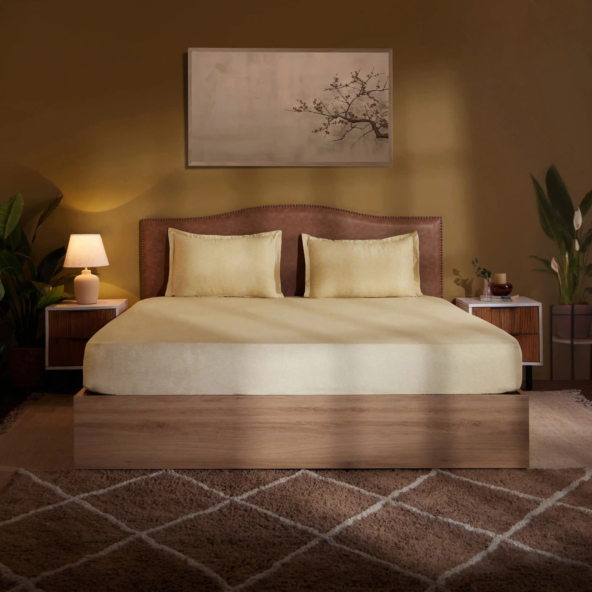 Textured 250 TC 100% Cotton Beige Super King Bedsheet Set | Yutori