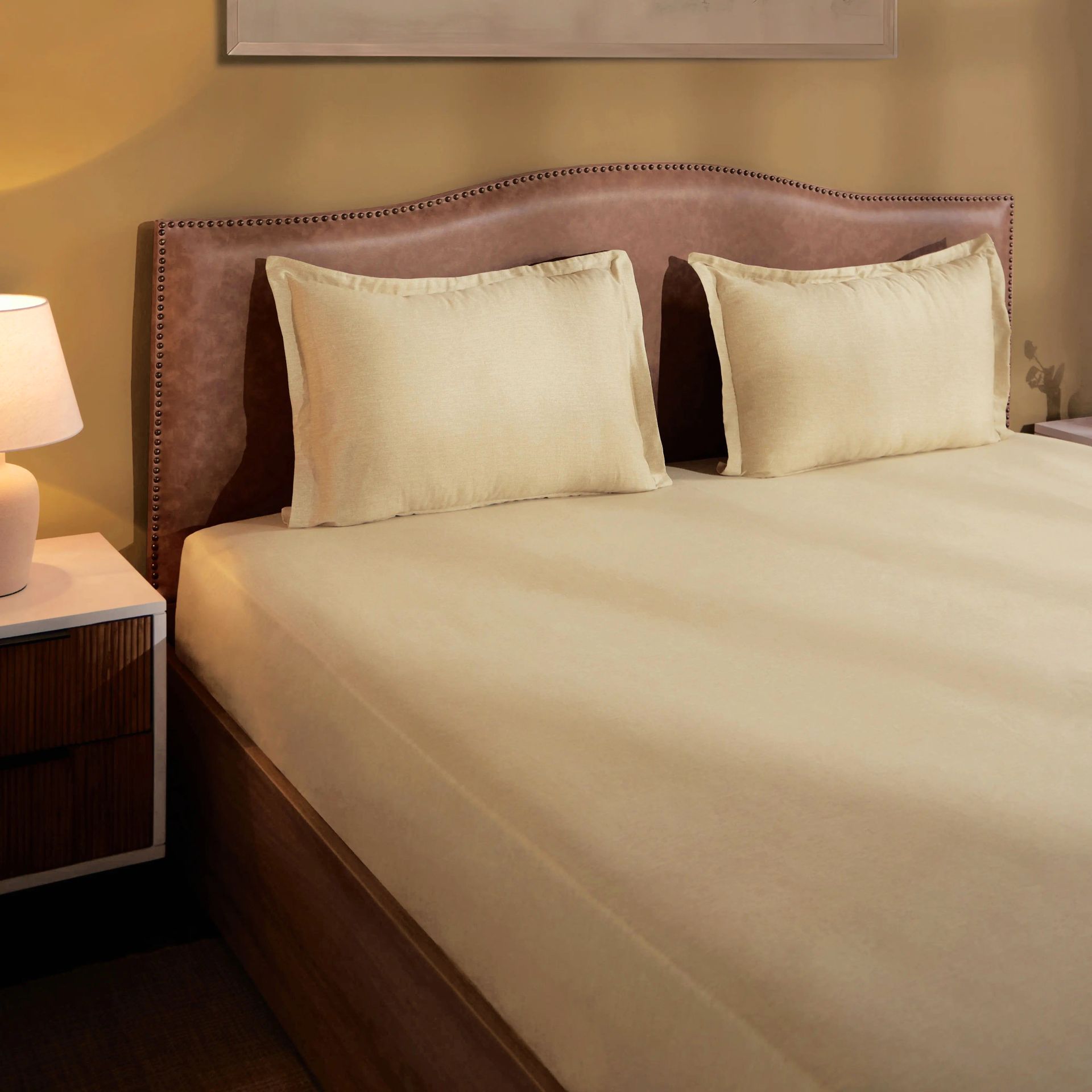 Textured 250 TC 100% Cotton Beige King Fitted Sheet Set | Yutori