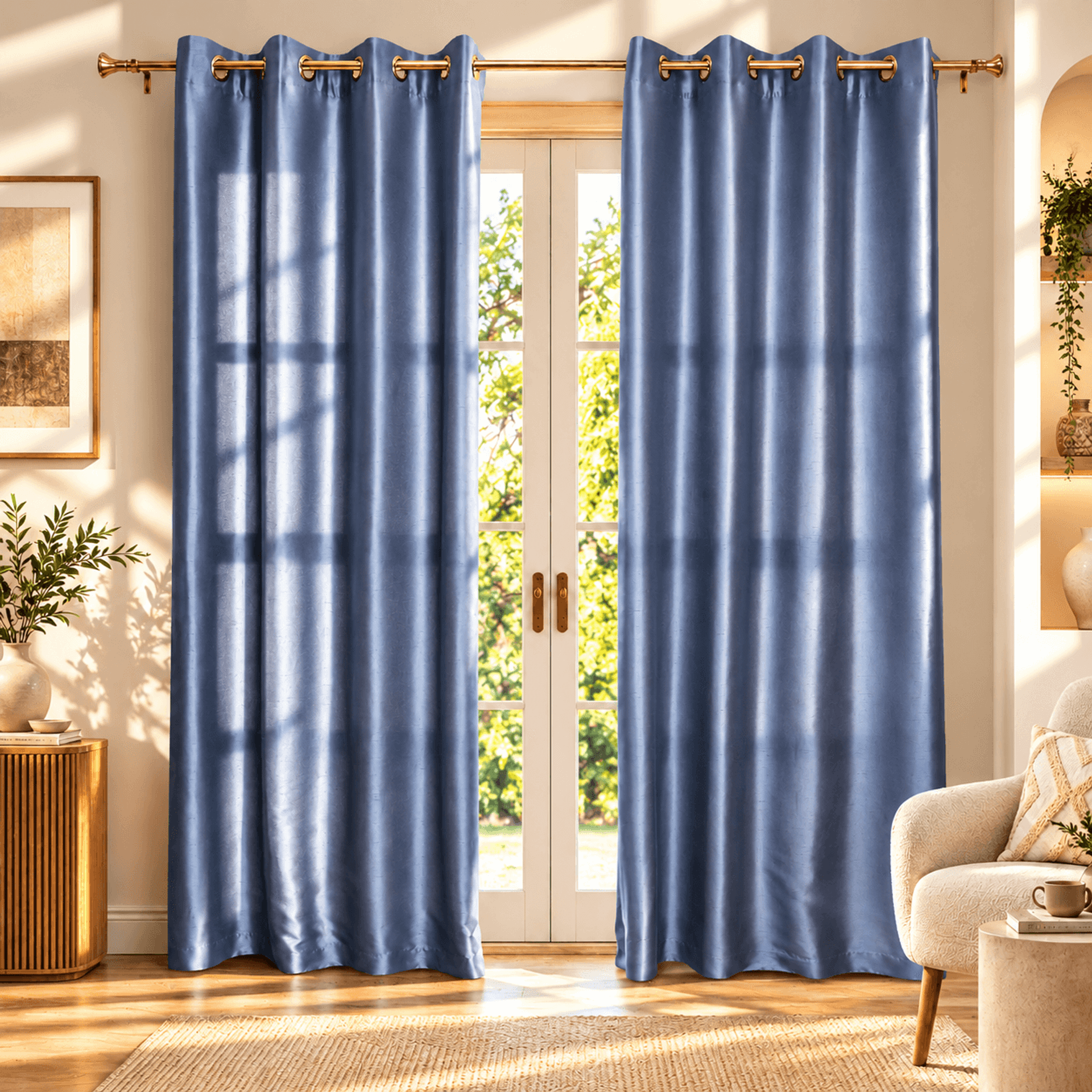 Sunlit Blue Curtains and French Doors.png