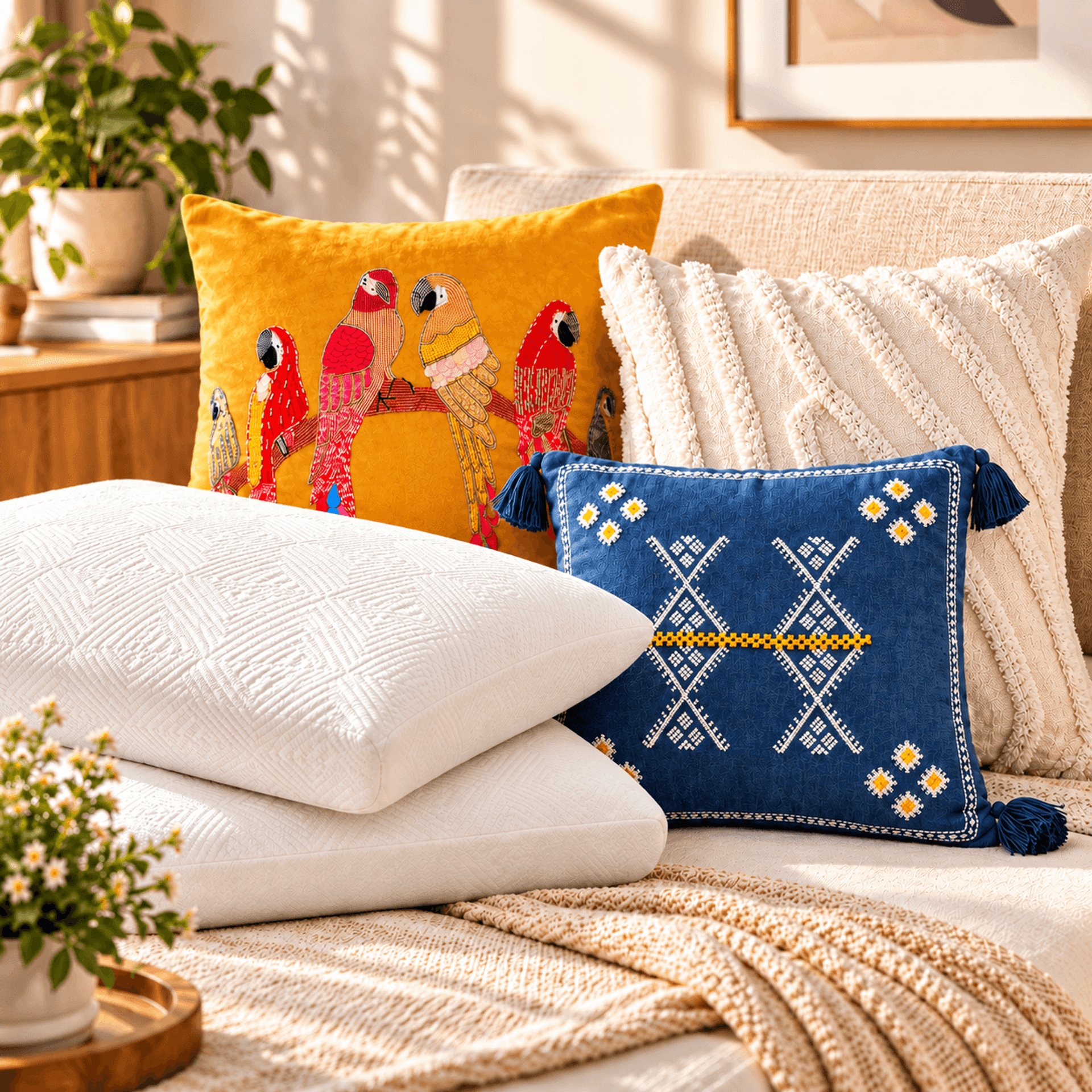 Sunlit Boho Sofa with Embroidered Parrots.png