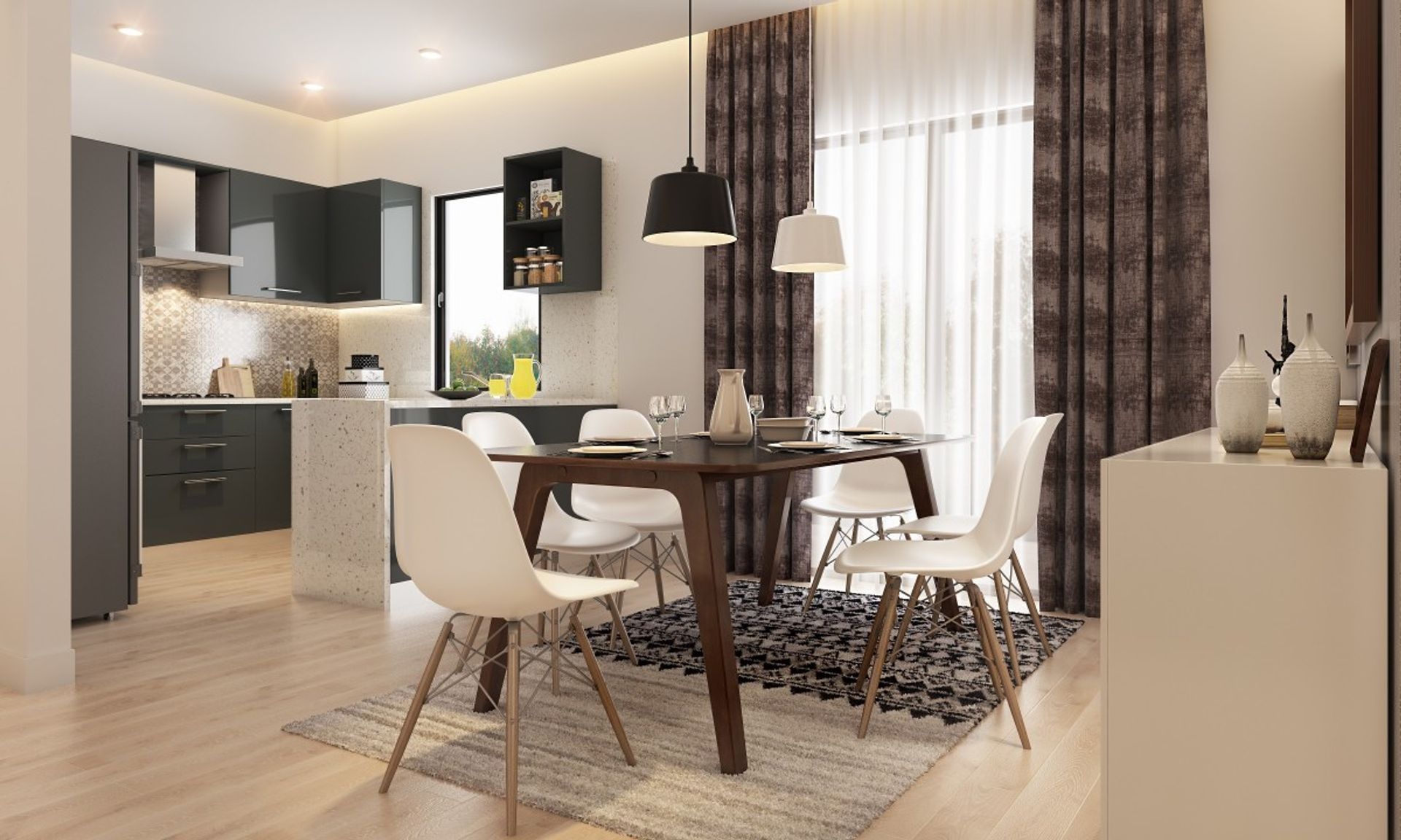 White And Wood Minimal Dining Room Design | Livspace