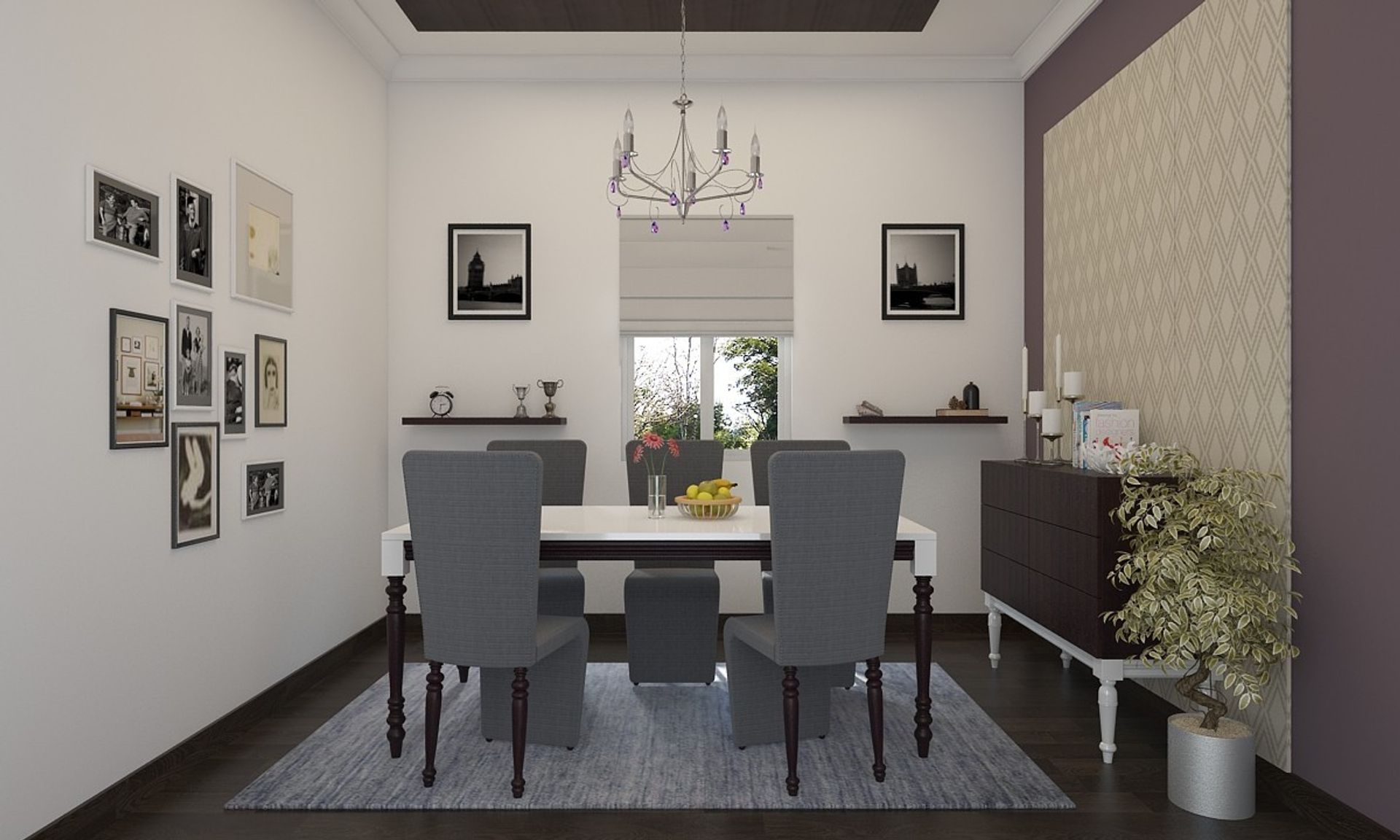 Modern White And Grey Dining Room Design With Grey Chairs | Livspace