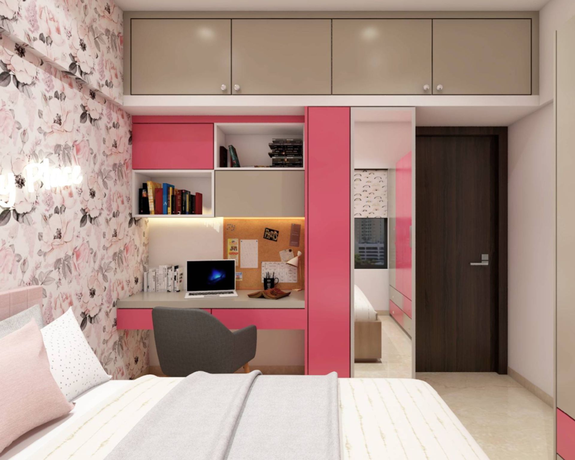 Spacious Girls Bedroom Design With Floral Wallpaper - 11x10 Ft | Livspace