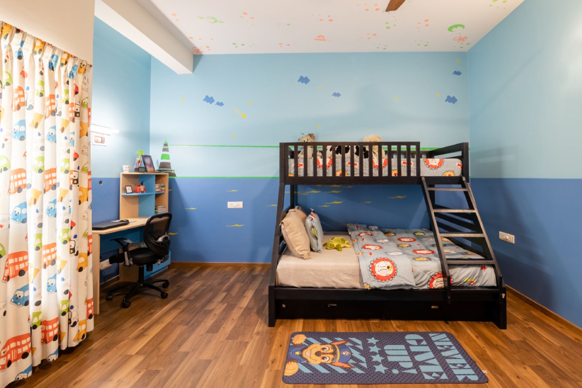 Spacious Kids Room Design With Blue And White Study Unit - 12x10 Ft ...