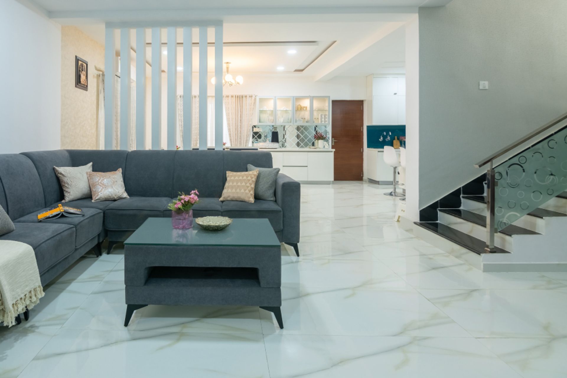 White Marble Living Room Tile Design | Livspace