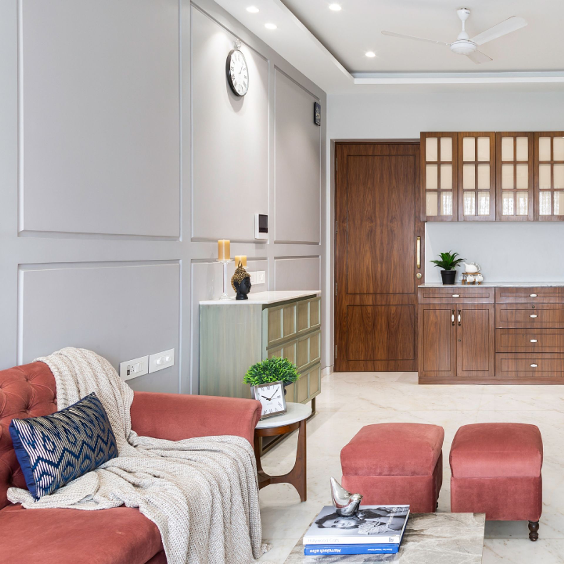Compact Grey Living Room Wall Paint With Wall Trims | Livspace