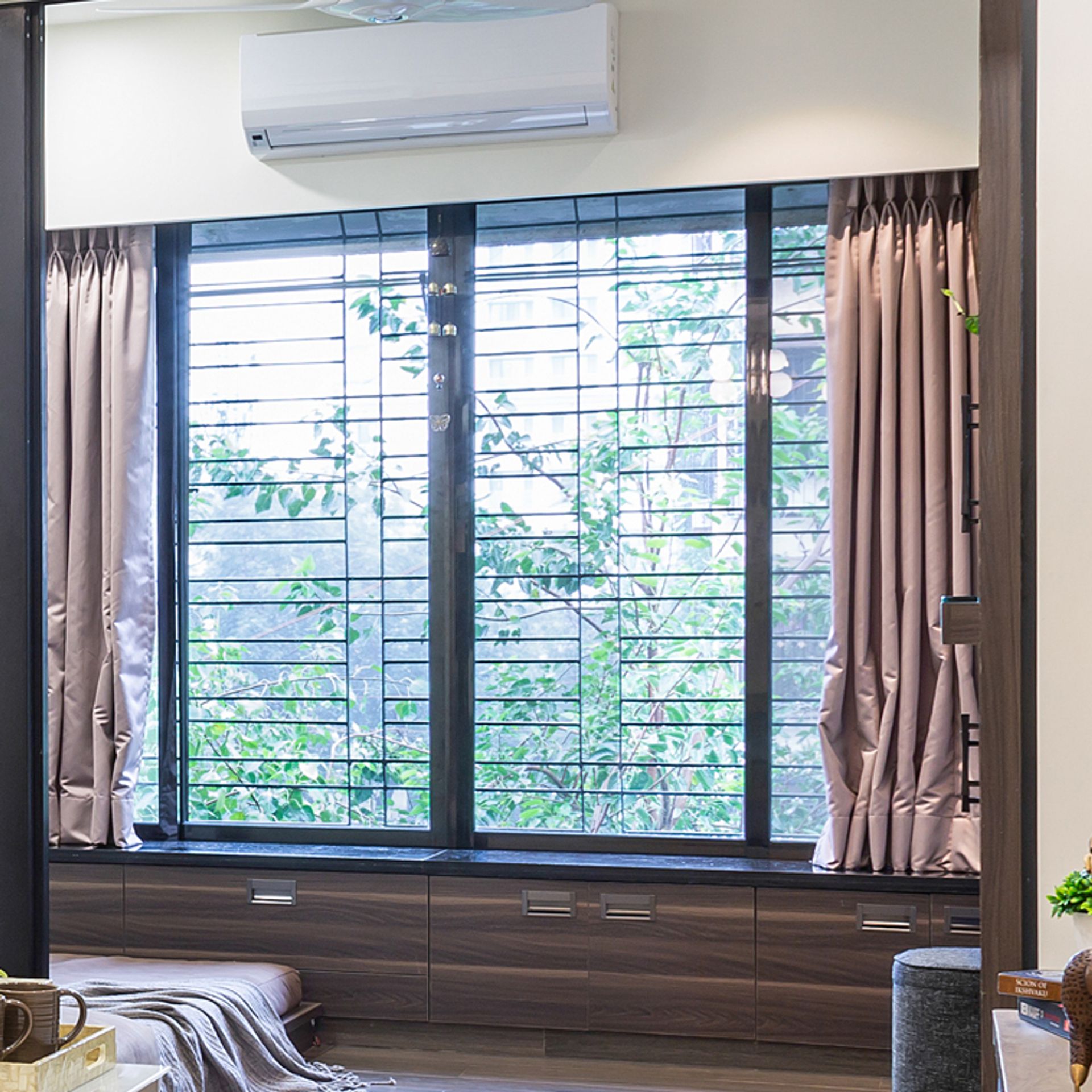Aluminium Window Design With Storage Units | Livspace