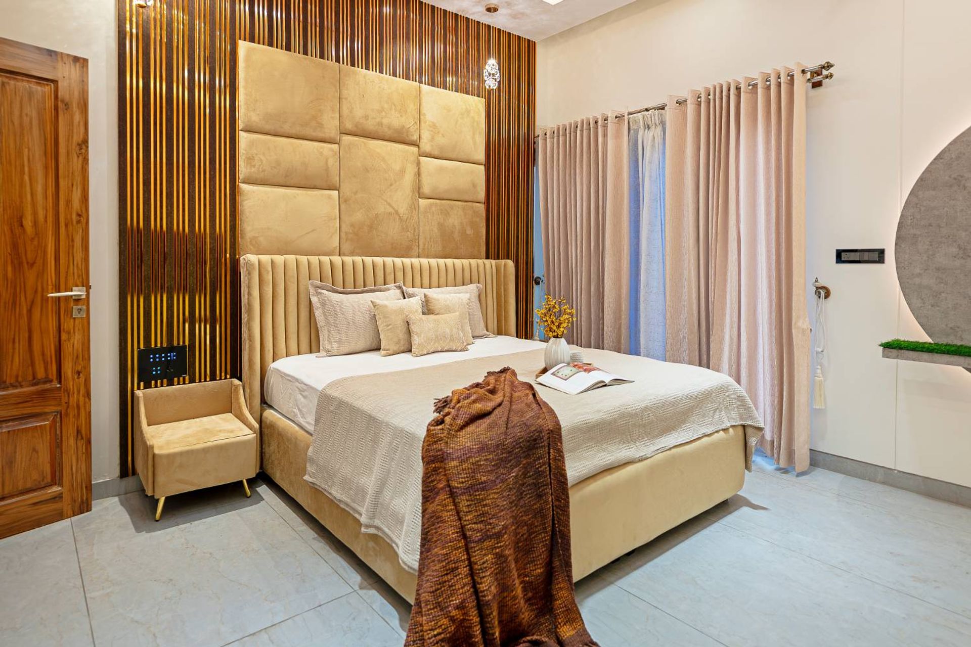 Contemporary Master Bedroom Design with Upholstered Bed and Bedside ...