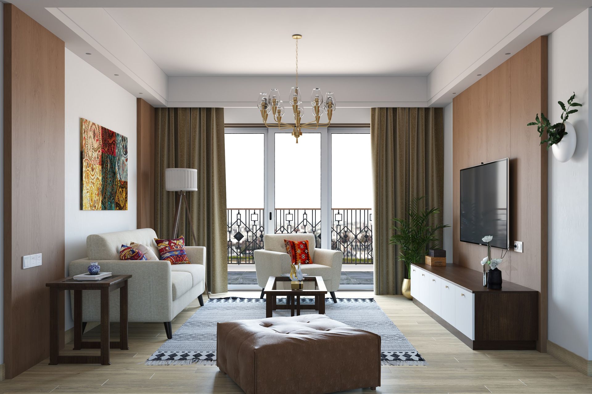Spacious Living Room Design With White Sofa And Large Wooden Panel ...