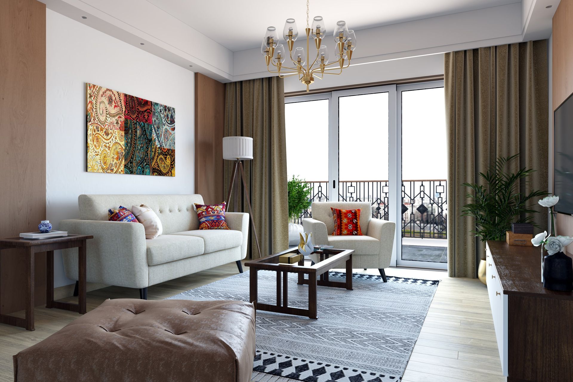 Spacious Living Room Design With White Sofa And Large Wooden Panel ...