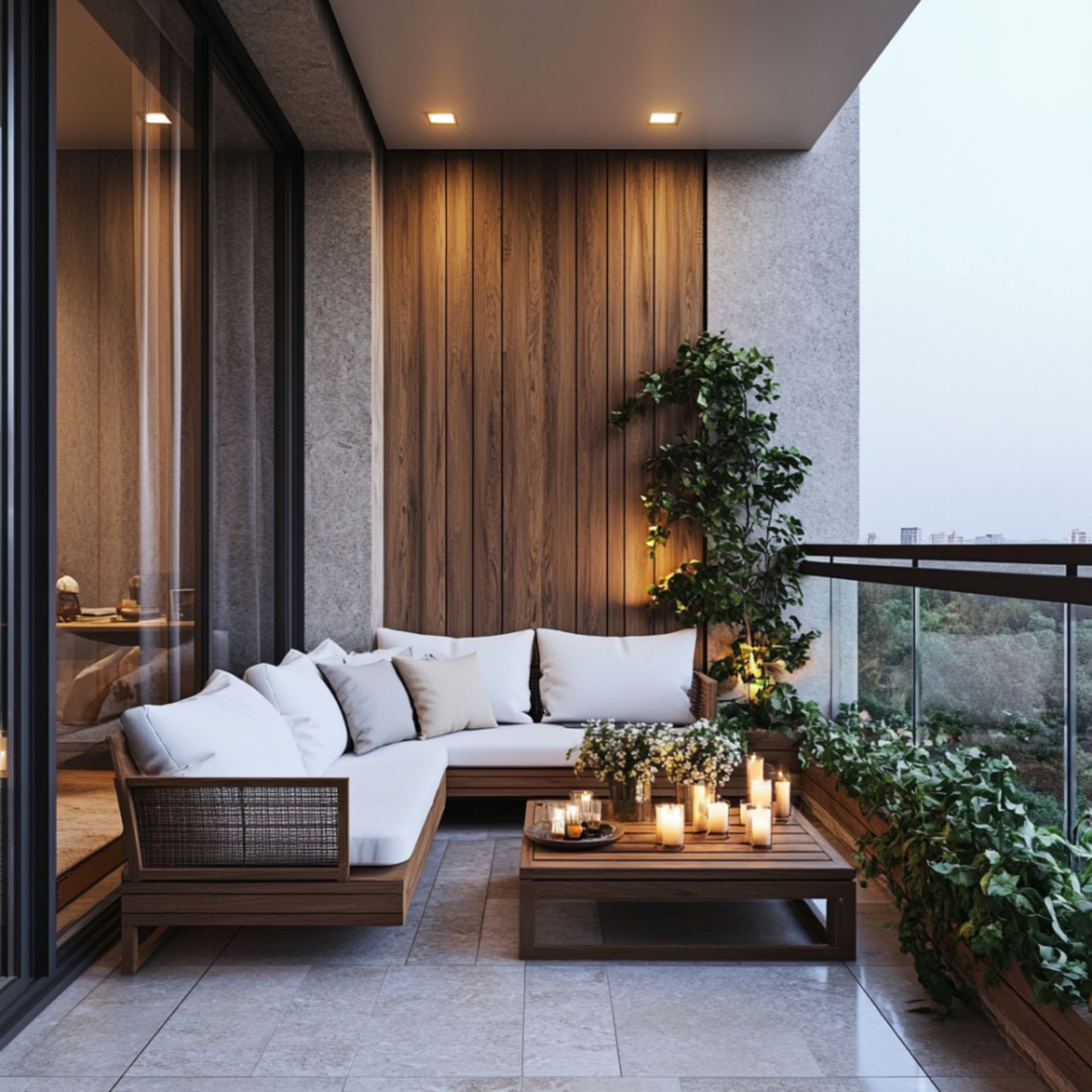 Modern Balcony Design with Warm Lighting, Plants, Wooden Seating and ...