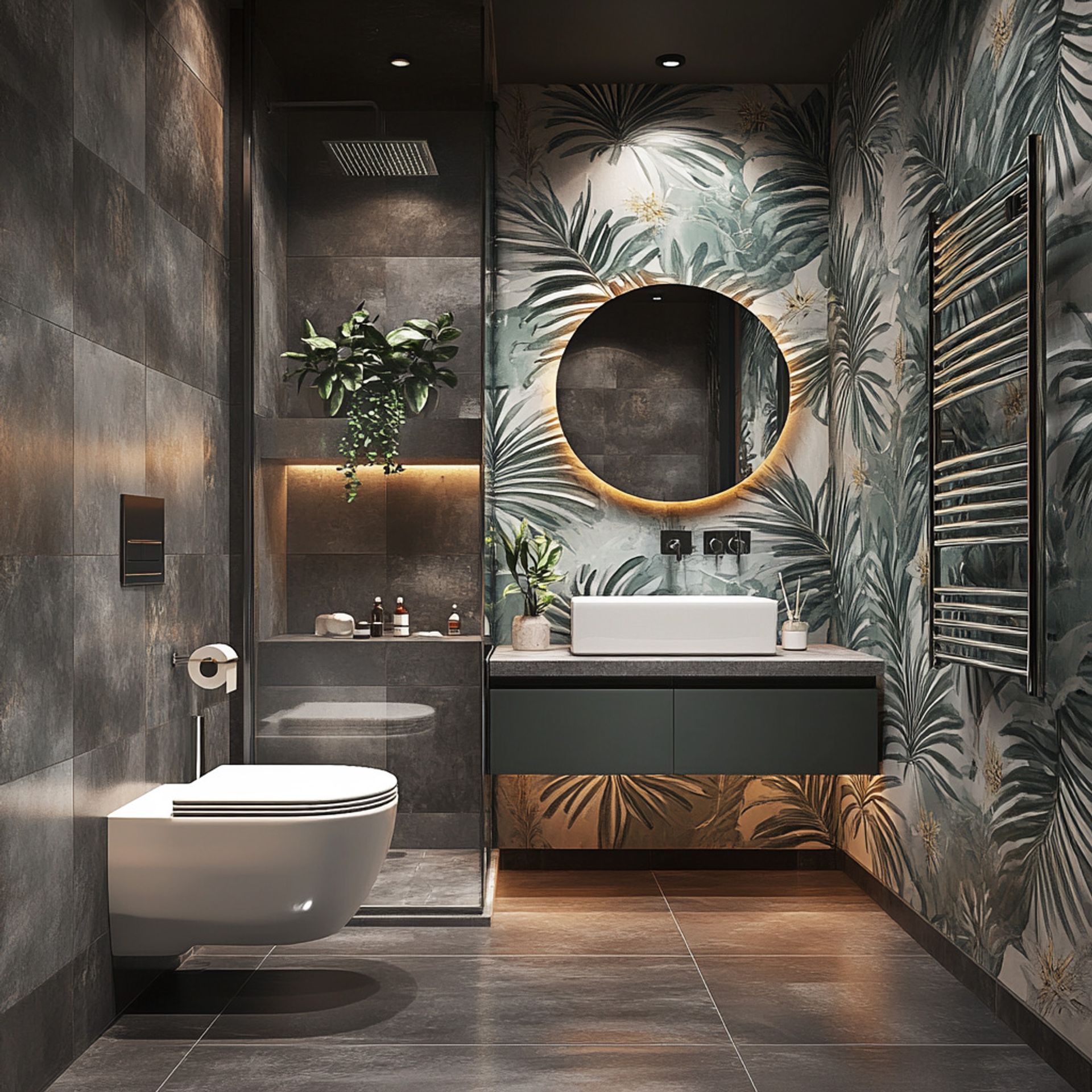 Tropical Bathroom Design With Palm Wallpaper and Suede-Finish Vanity ...