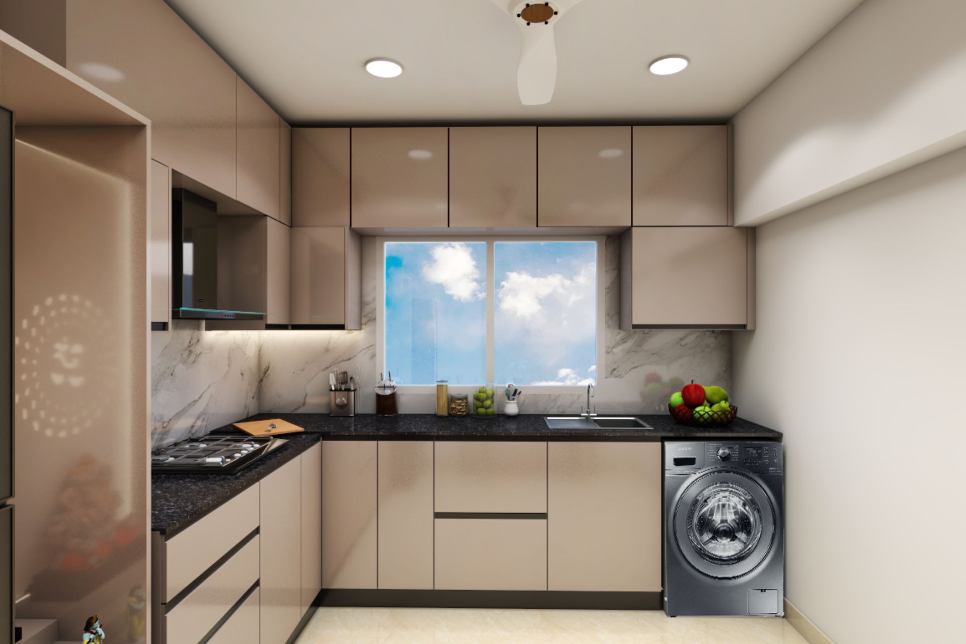 Contemporary U-Shaped Kitchen Design With Marble Backsplash and Granite ...