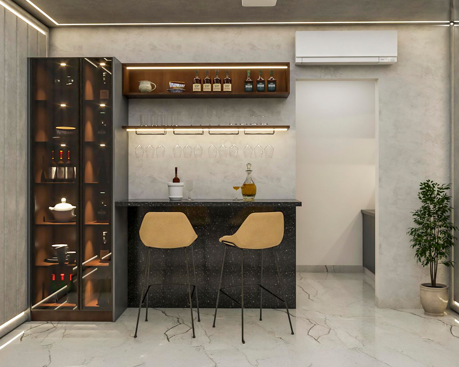 Modern Home Bar Design With Hanging Rack And Tall Storage | Livspace