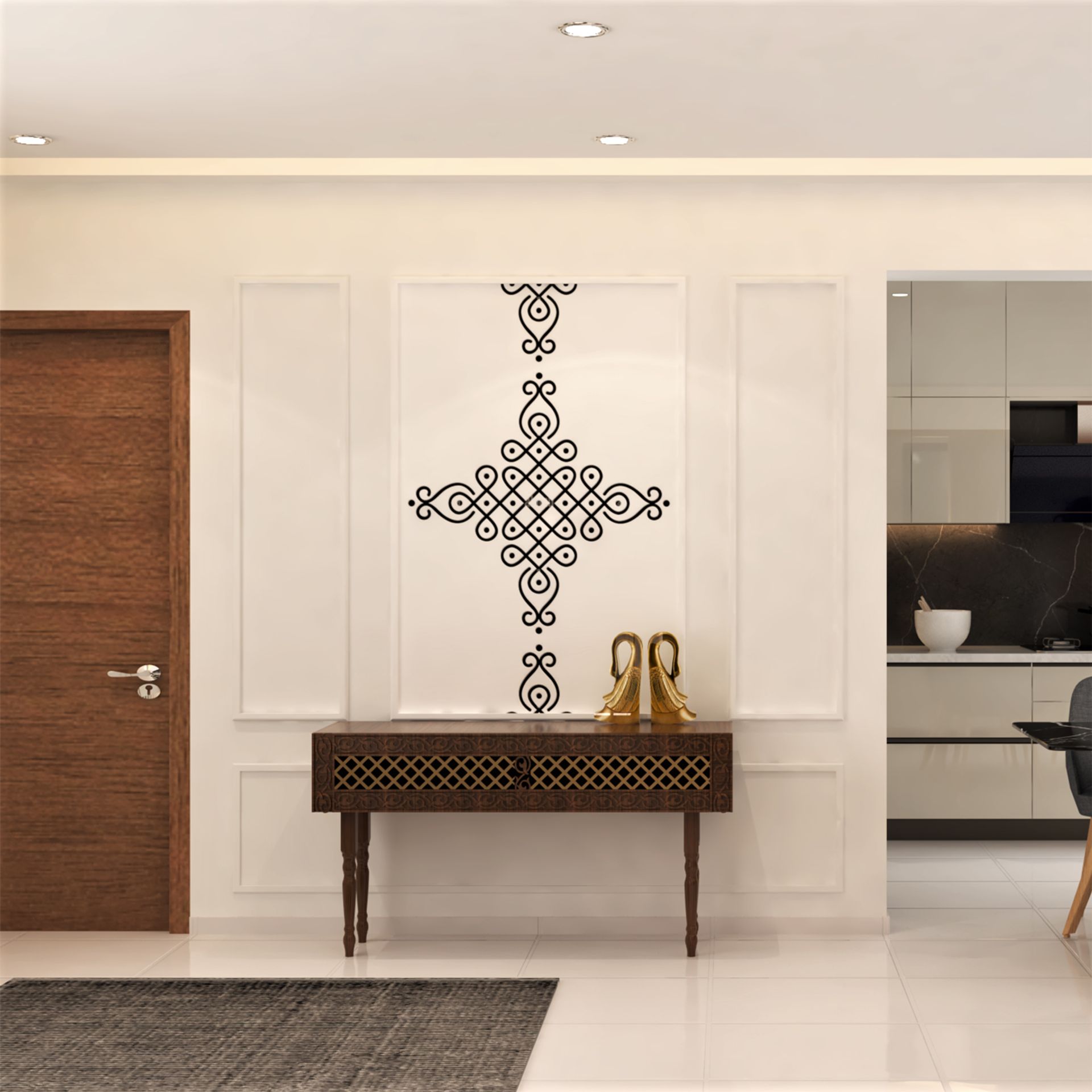 Suede Finish Classic Foyer Design with Console Storage and Decorative ...