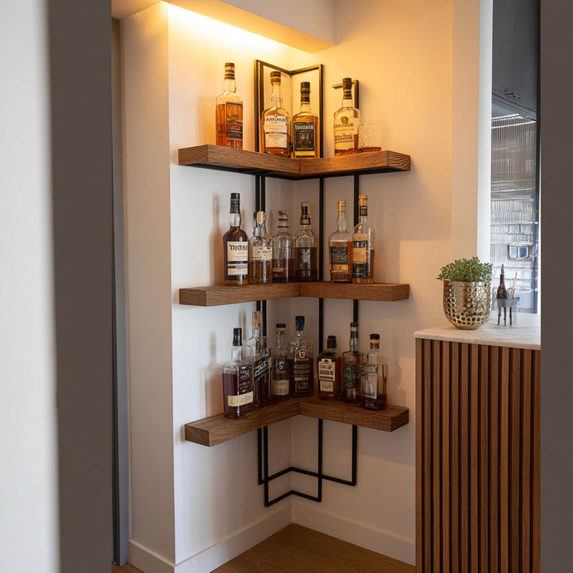 Modern Home Bar Design with LED Backlit Open Corner Shelves and Metal ...
