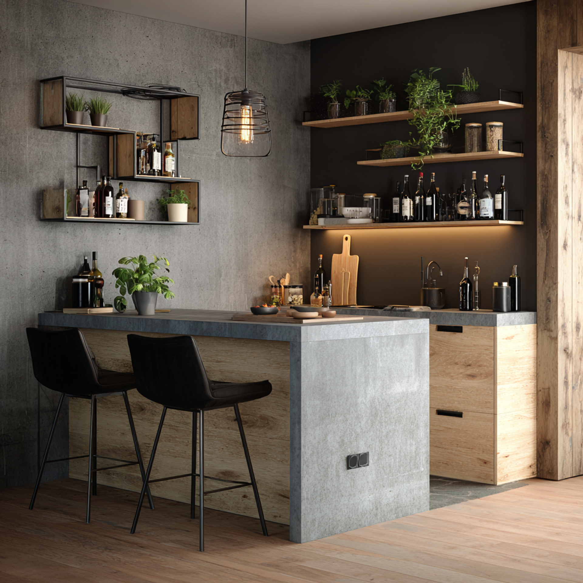 Modern Home Bar Design with Black Metal and Wood Shelves | Livspace