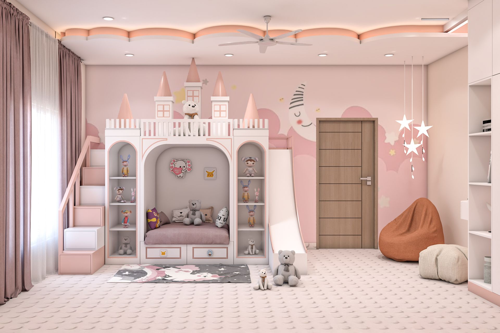 Kids Bedroom Design With Modern Castle Bunk Bed and Storage Staircase ...