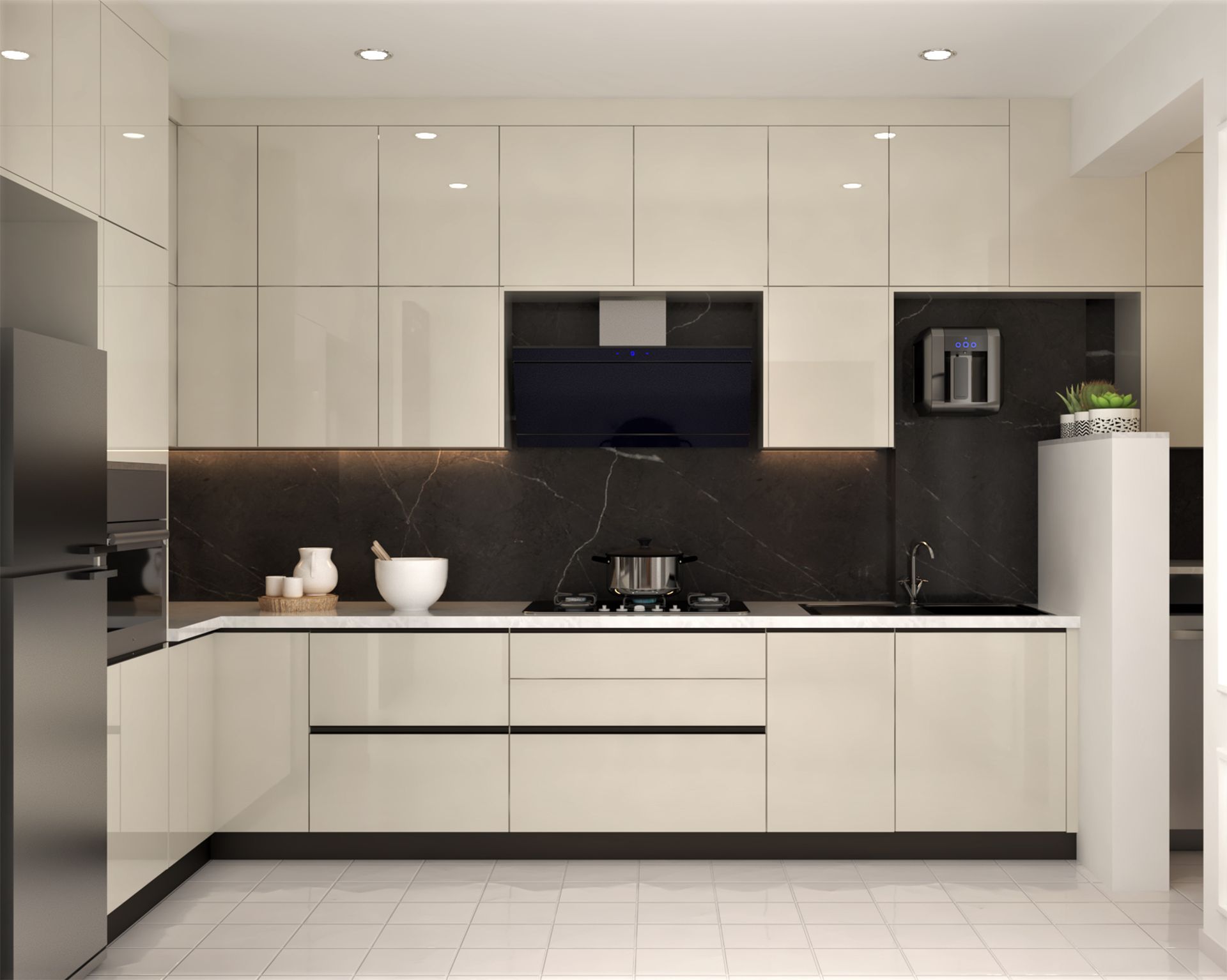 L-Shaped Modern Kitchen Design with Quartz Countertop and Glossy ...