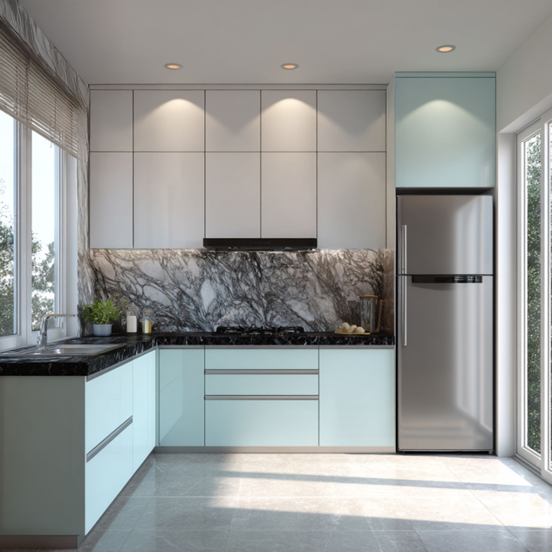Modern L-Shaped Kitchen Design with Blue and White Cabinets and Marble ...