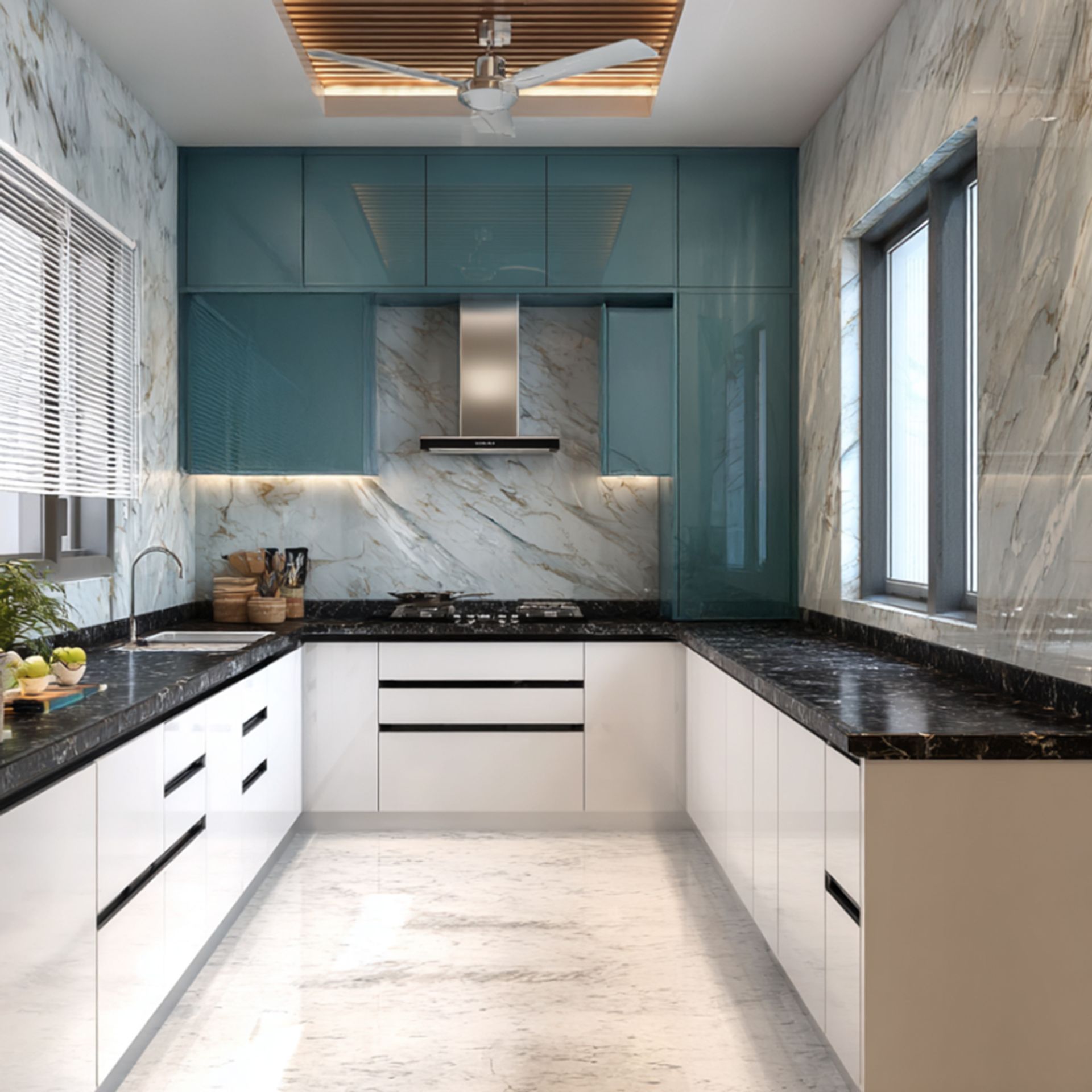 Modern Shore and White U Shaped Kitchen Design with Marble Backsplash ...