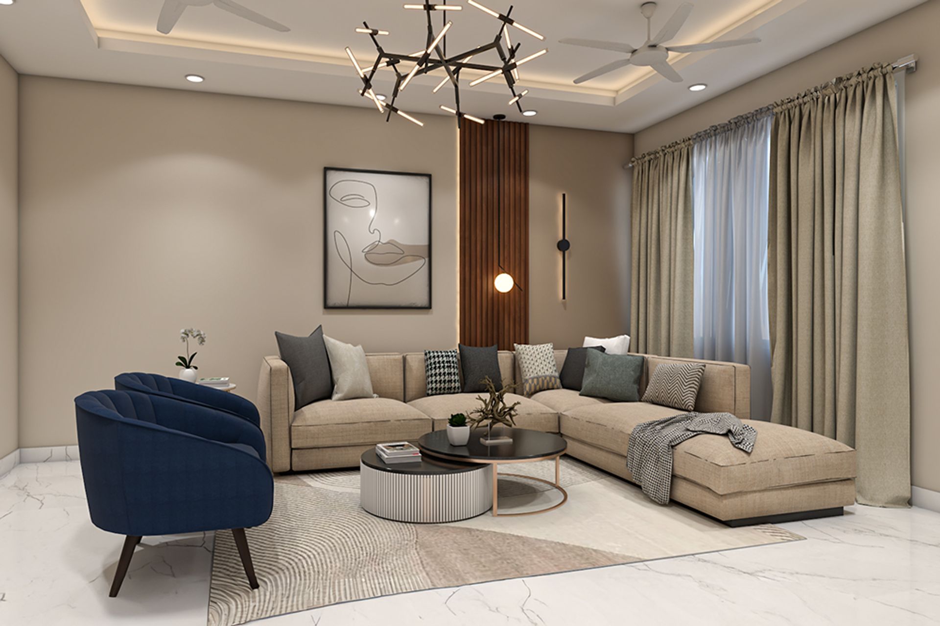 Living Room Design With Contemporary L-Shaped Beige Sofa and Blue ...
