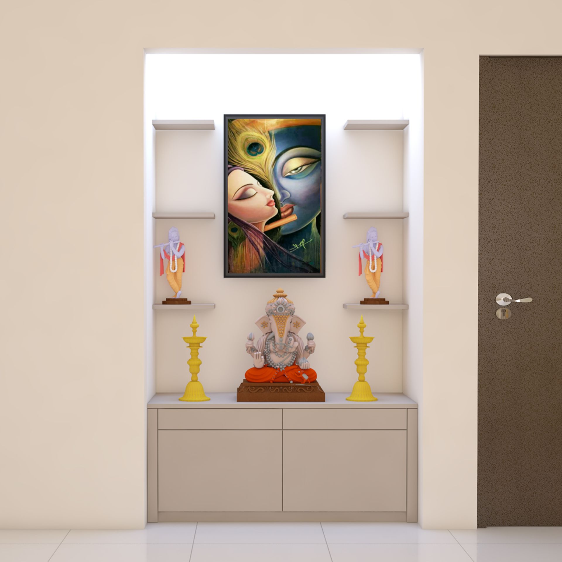 Minimal Pooja Design Featuring Krishna-Radha Painting and Symmetrical ...