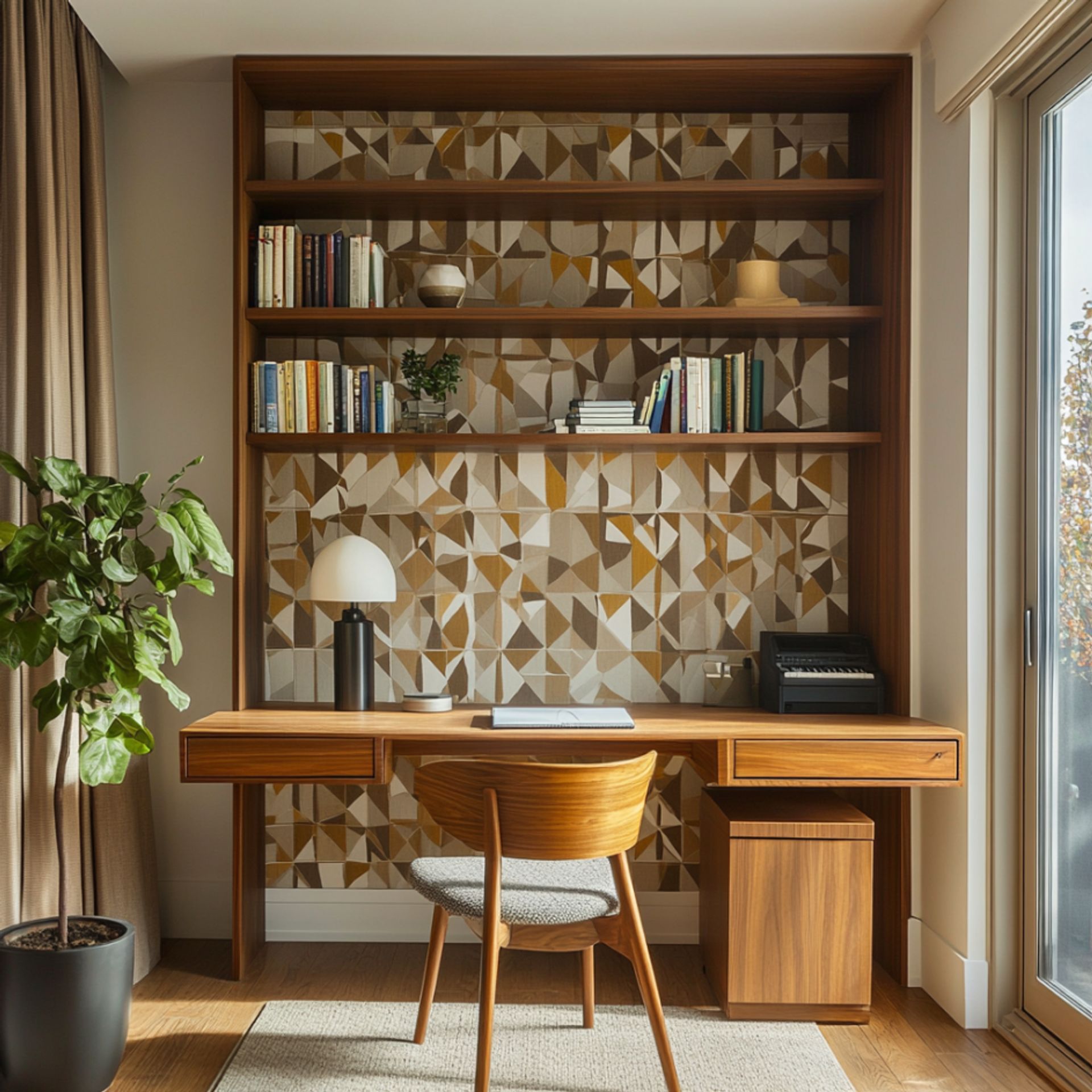 Home Office Design with Mid-Century Modern Built-in Shelves and Wooden ...