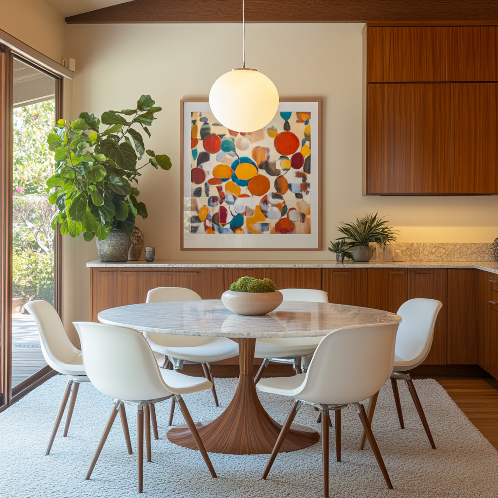 Dining Room Design with Mid-Century Modern Marble Top Table and White ...