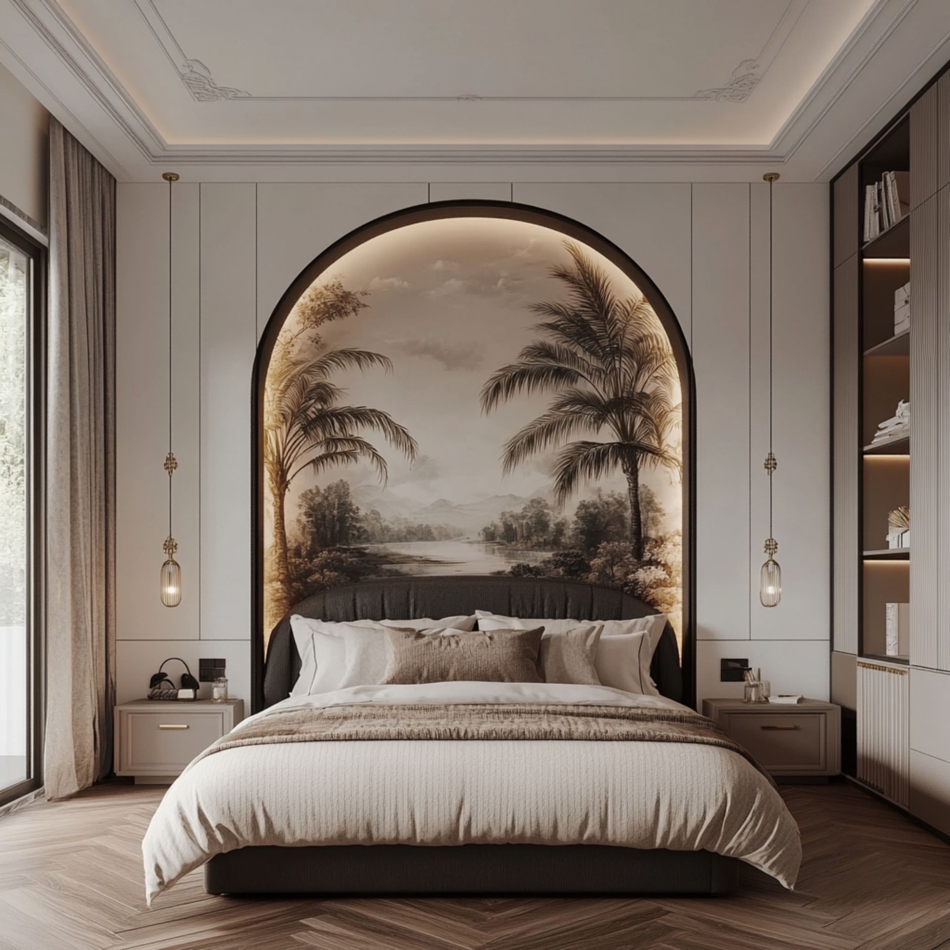 Master Bedroom Design with Classic Grey Upholstered Bed and Wooden ...