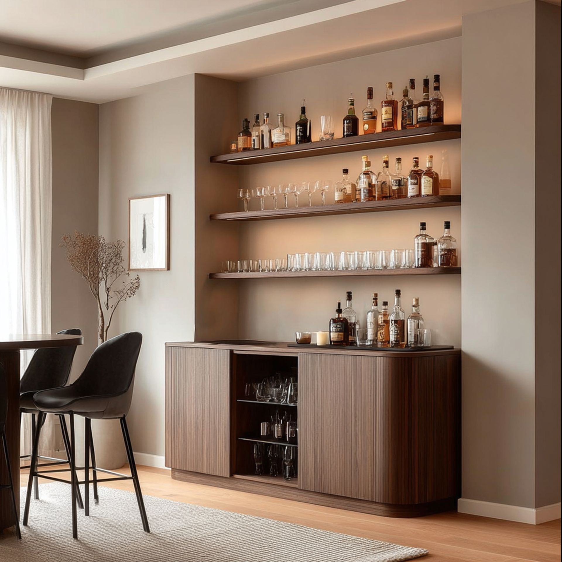 Modern Walnut Home Bar Design with Concealed Cabinets and Open Shelves ...
