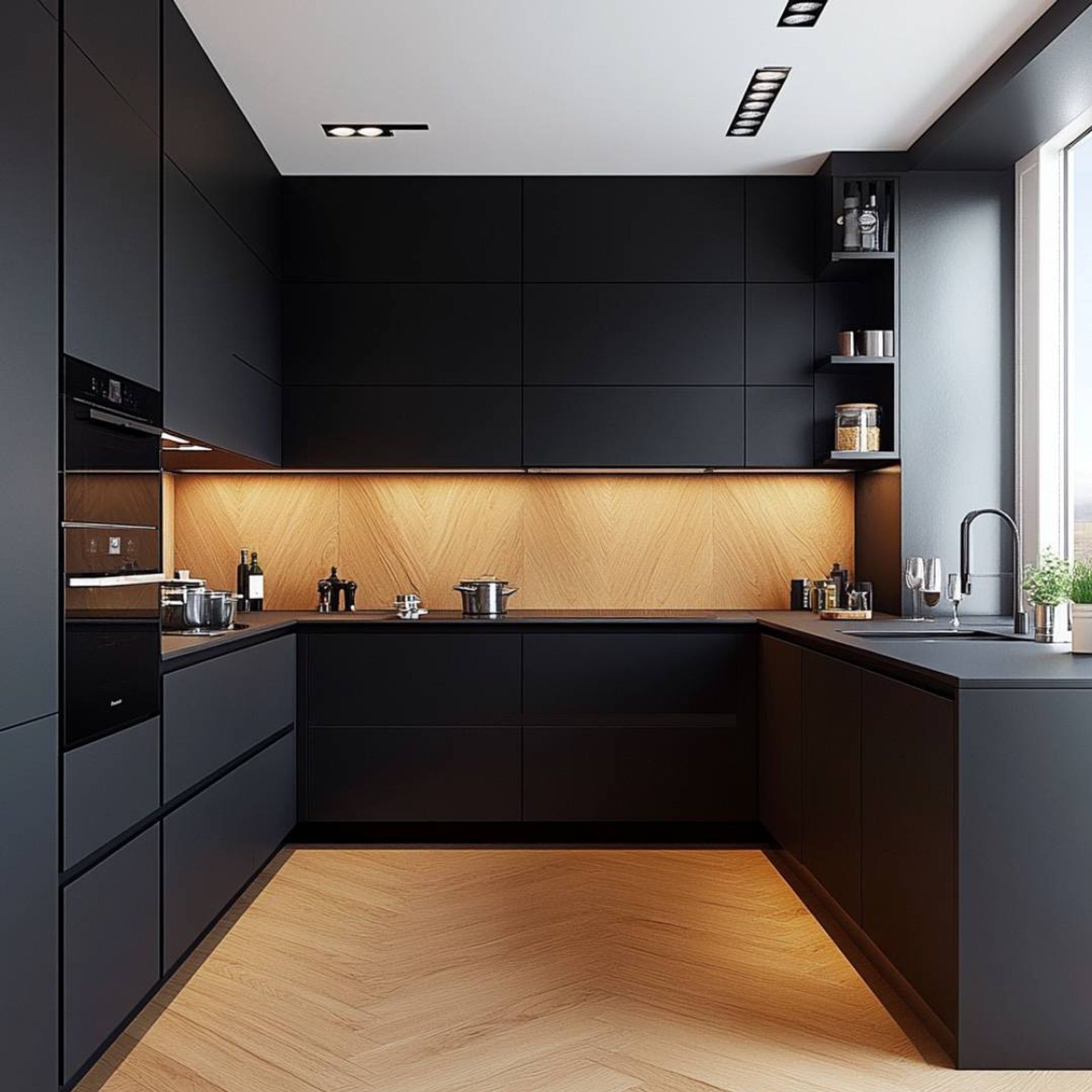 Modern U-Shaped Kitchen Design with Walnut Cabinets, Quartz Countertop ...