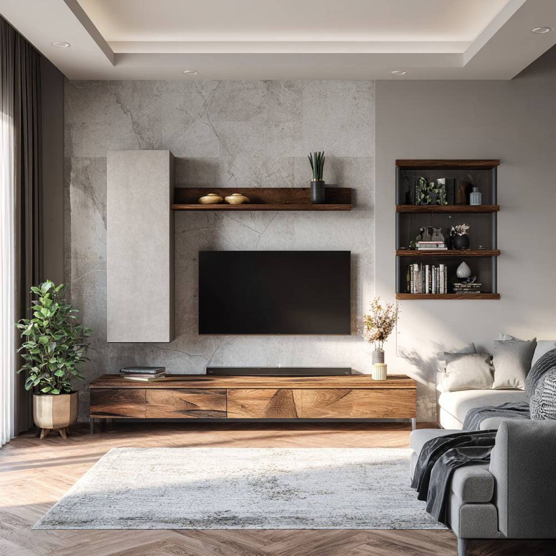 Floating Contemporary TV Unit Design With Suede Finish, Drawers and ...