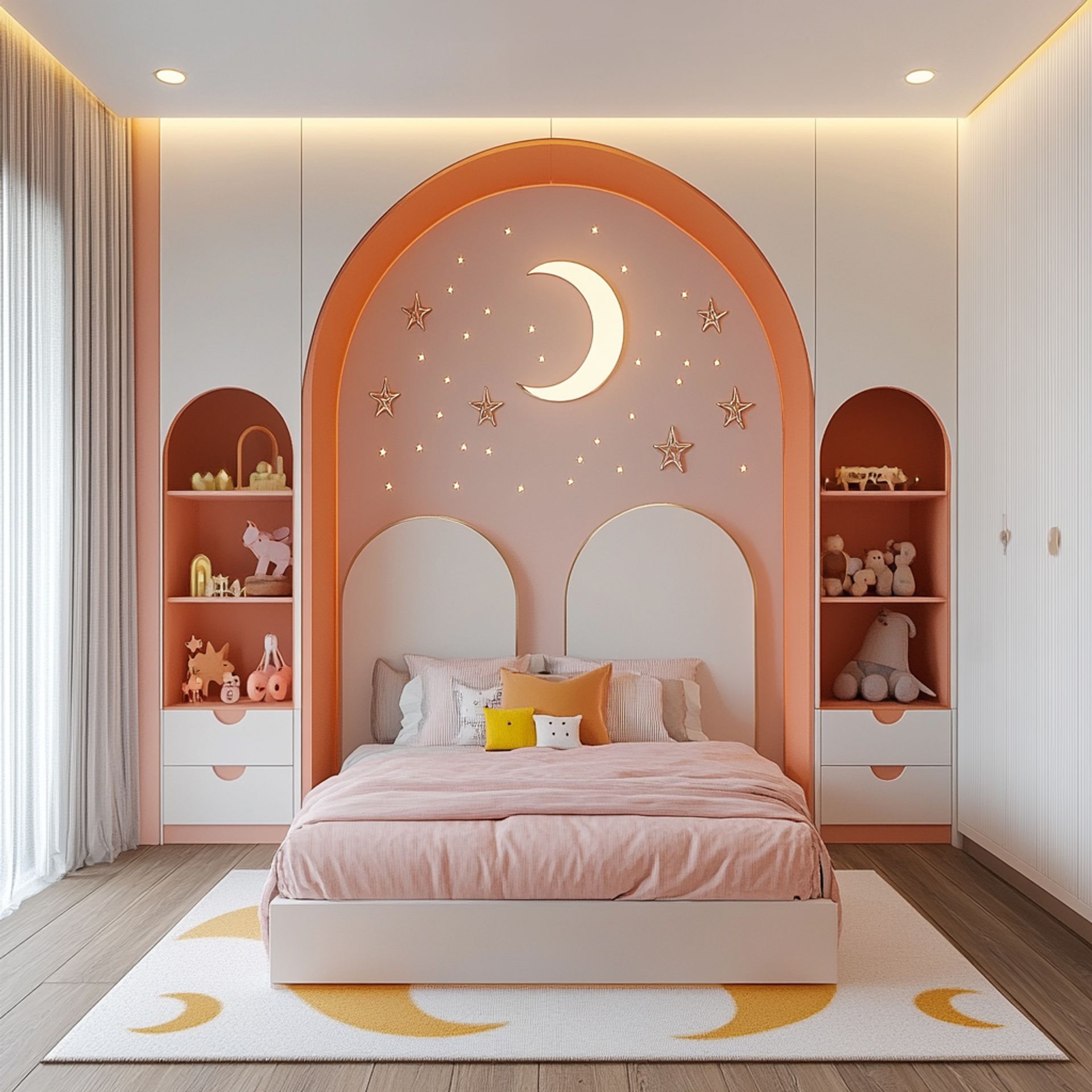 Magical Modern Kids Bedroom Design with Moon Wall, Recessed Lighting ...
