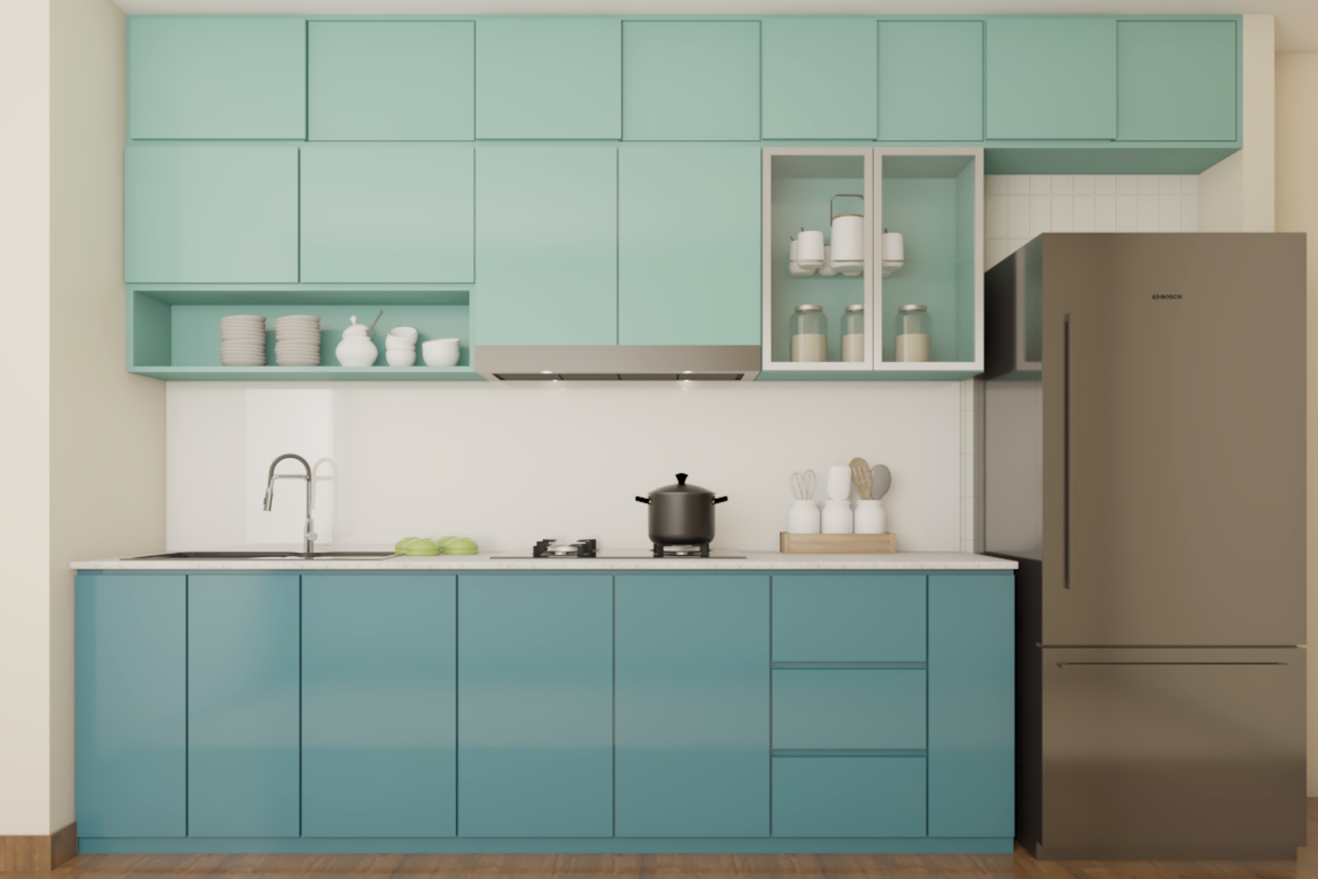 Coastal Blue Compact Kitchen Design with Open Units and Glass Cabinets ...