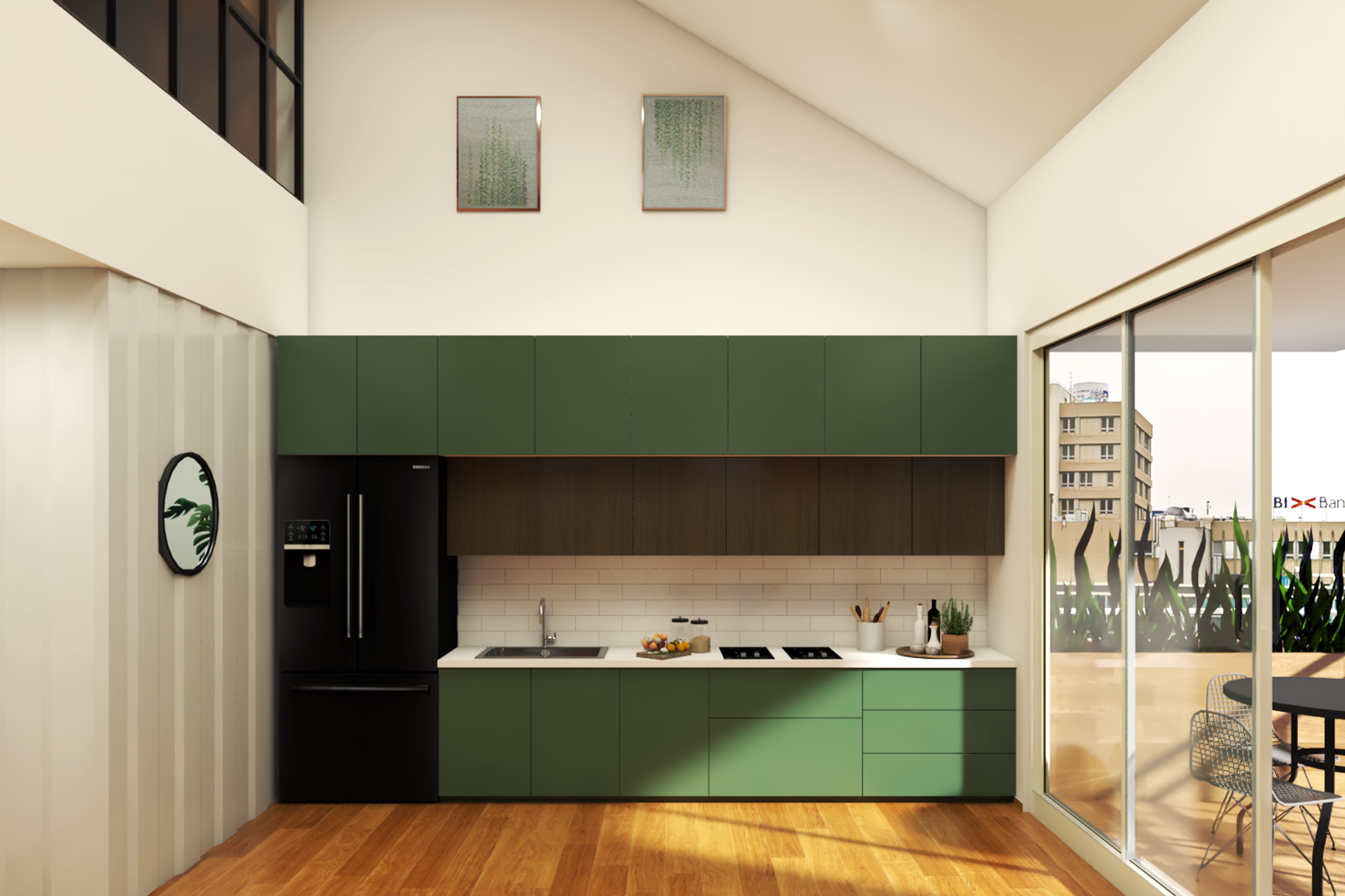 Modern Spacious Kitchen Design with Green Cabinets and Breakfast Island ...