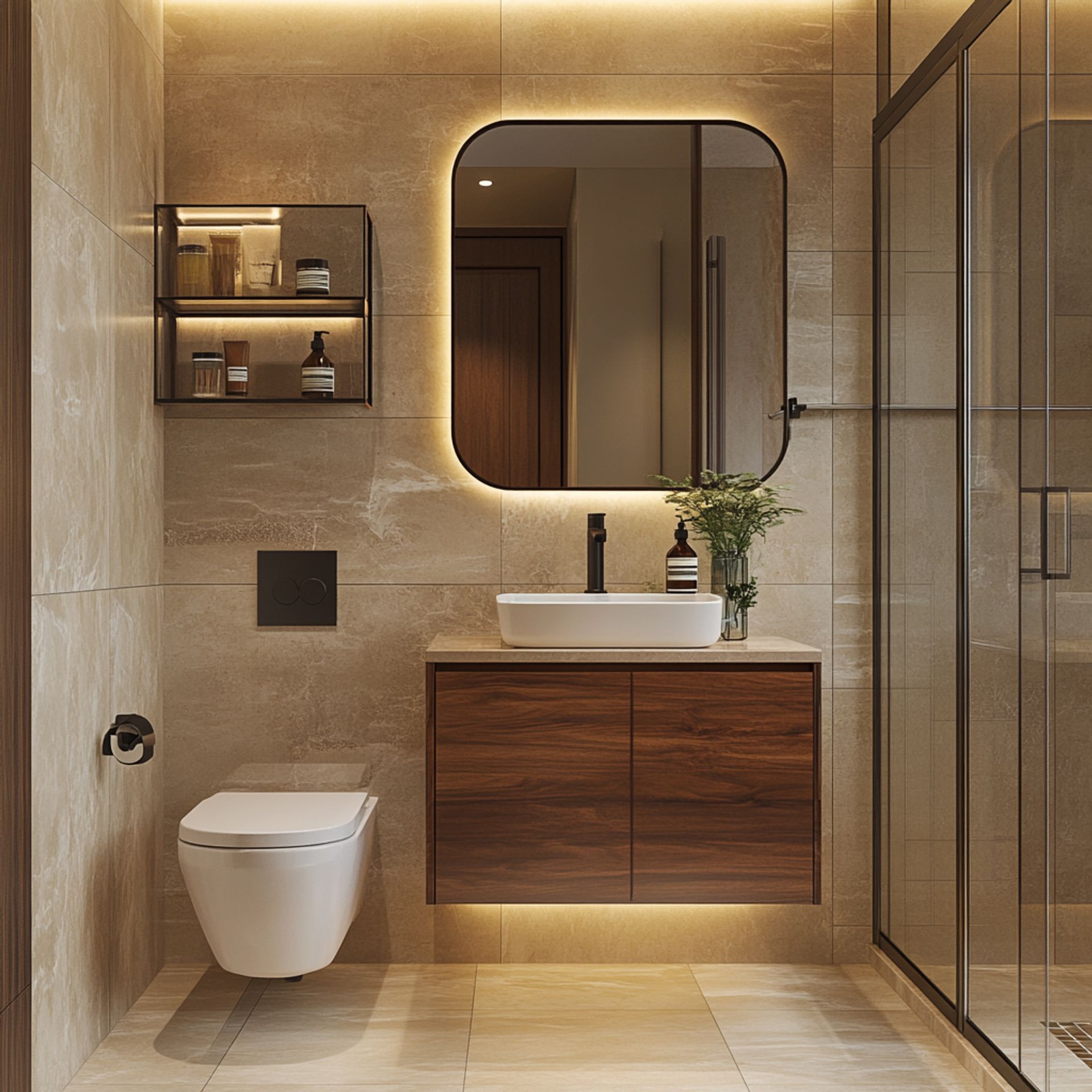 Spacious Modern Bathroom Design with Vertical Tiles, Square Mirror and ...