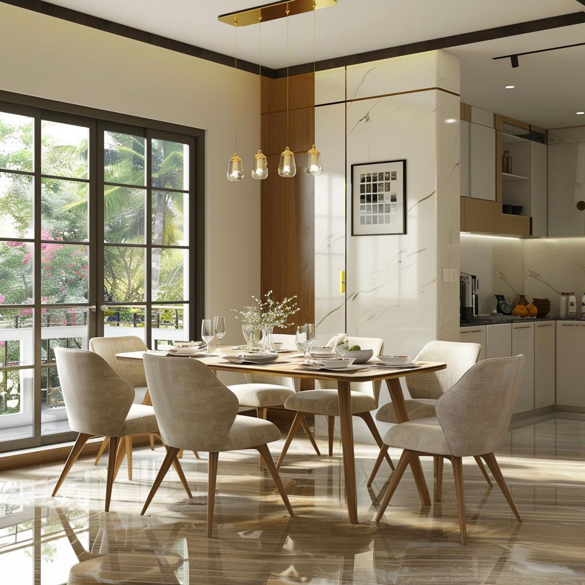Spacious Modern Dining Room Design with 7-Seater Wooden Table and White ...