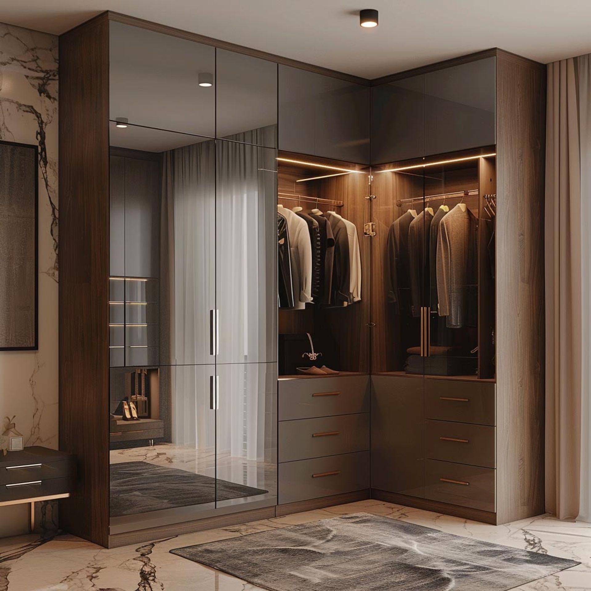 Floor-to-Ceiling Modern Wardrobe Design with Loft Storage and Mirror | Livspace