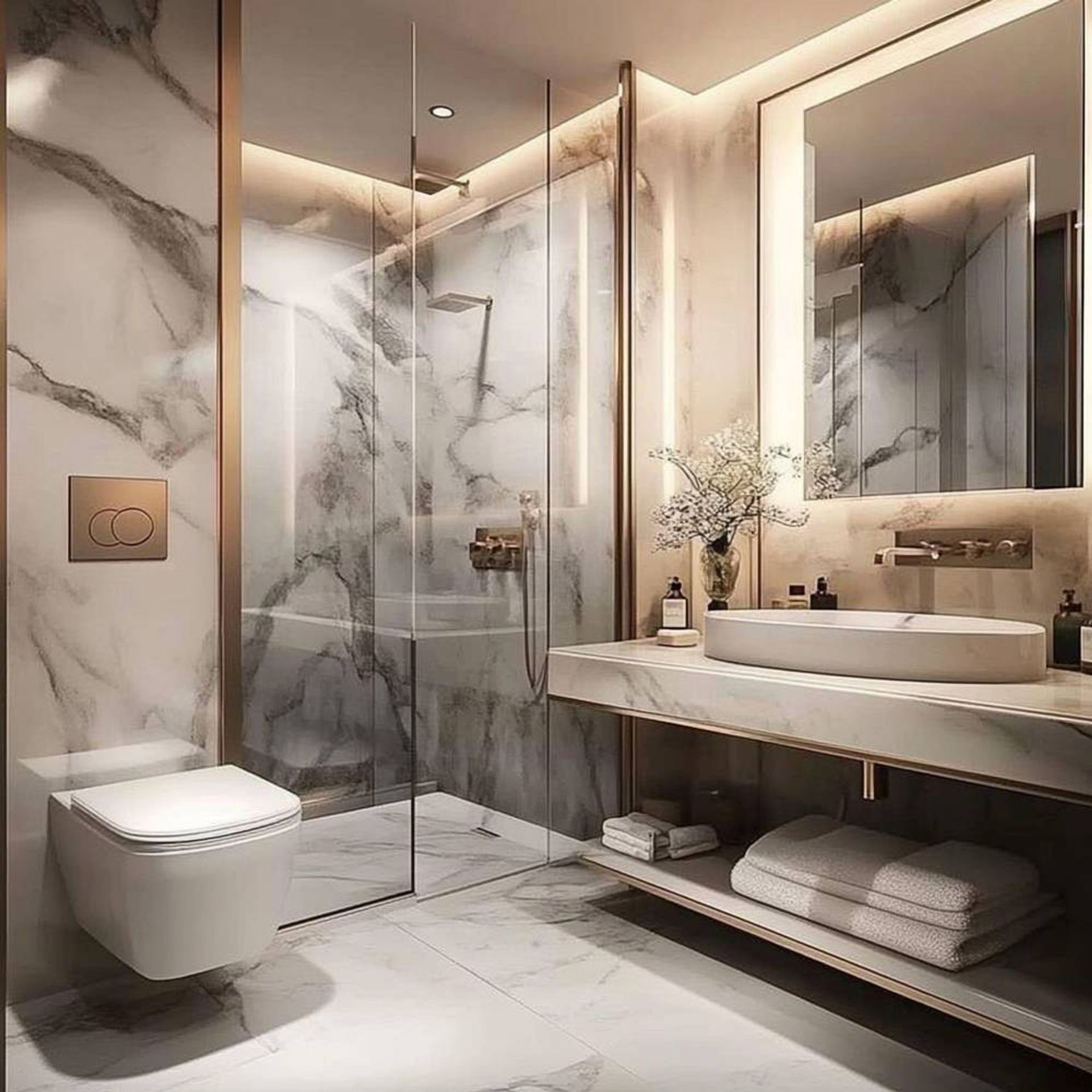 Modern Bathroom Design with Marble Walls and Floating Vanity | Livspace