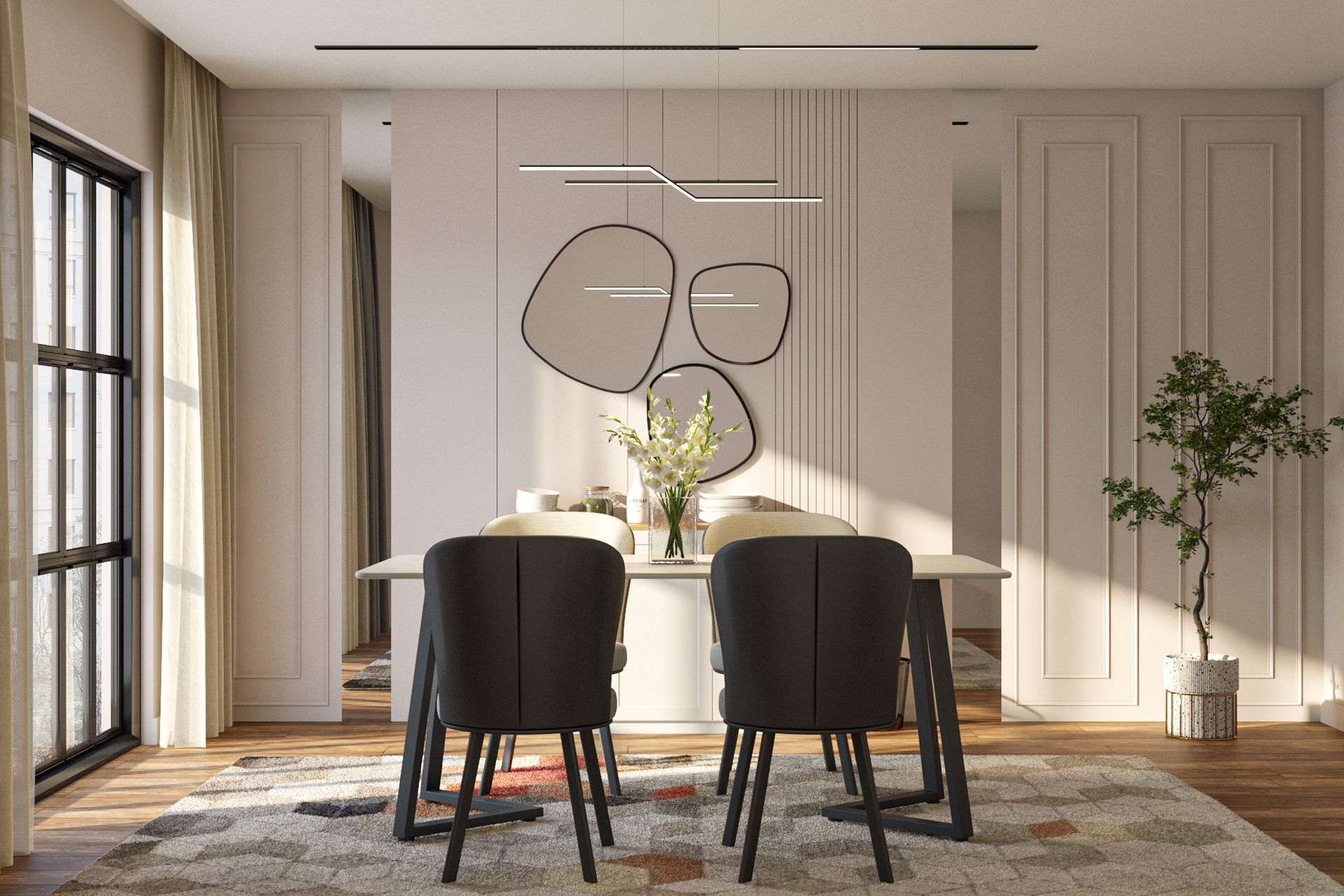 Dining Room Design With Contemporary Rectangular Table, Mirror and ...