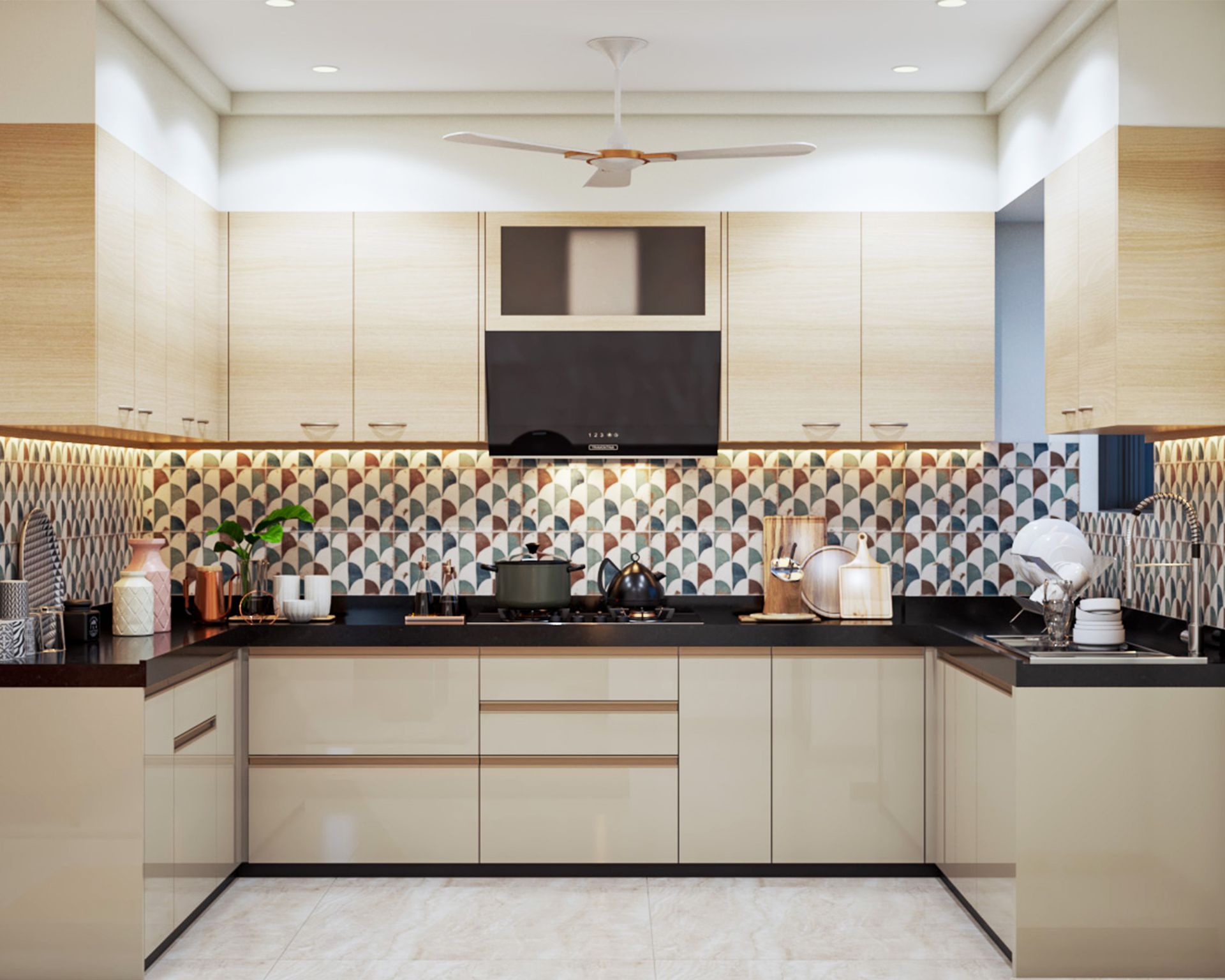 Contemporary U-Shaped Kitchen Design with Geometric Backsplash and ...